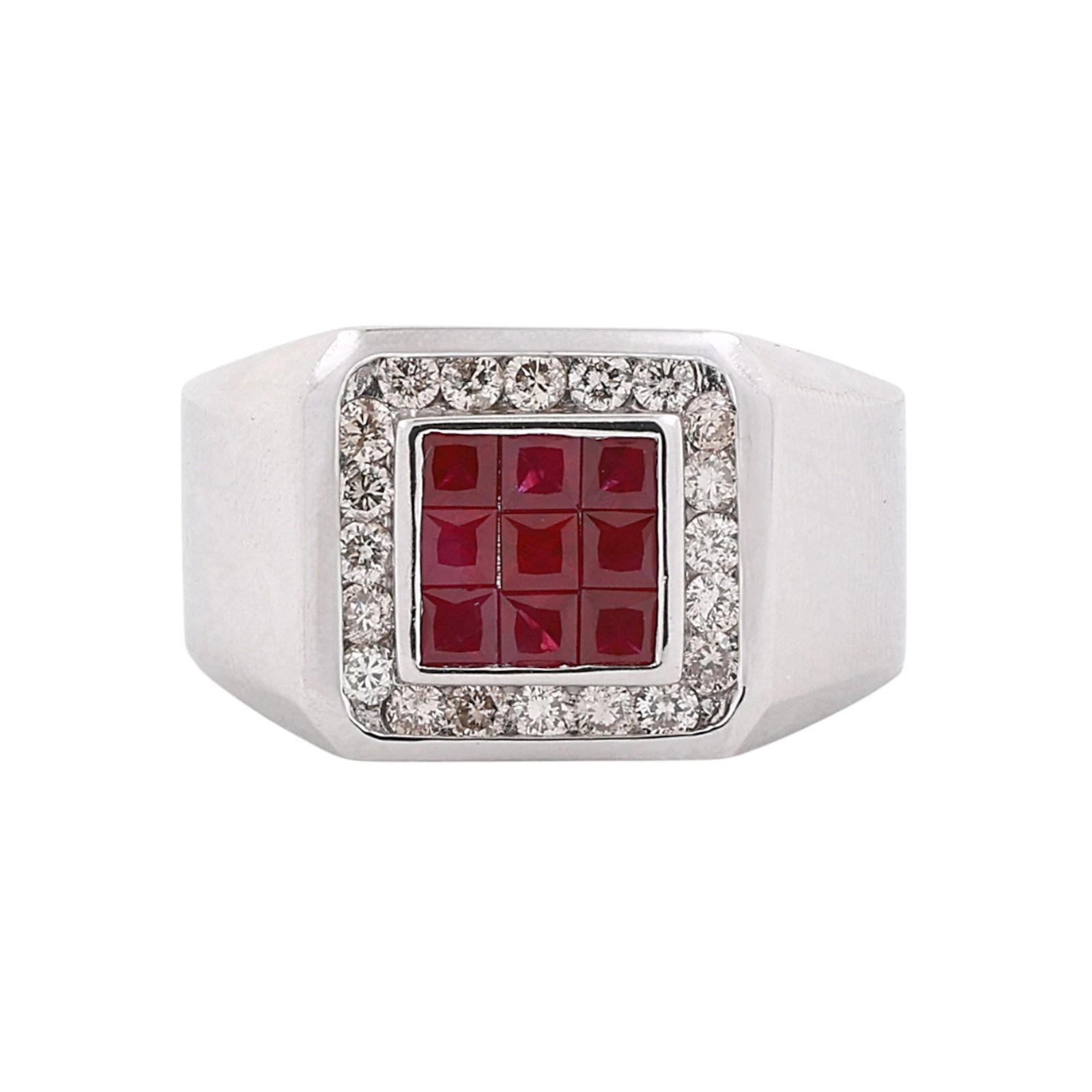 Estate White Gold Ruby Halo Diamond Men's Ring Size 11.5 13.0g
