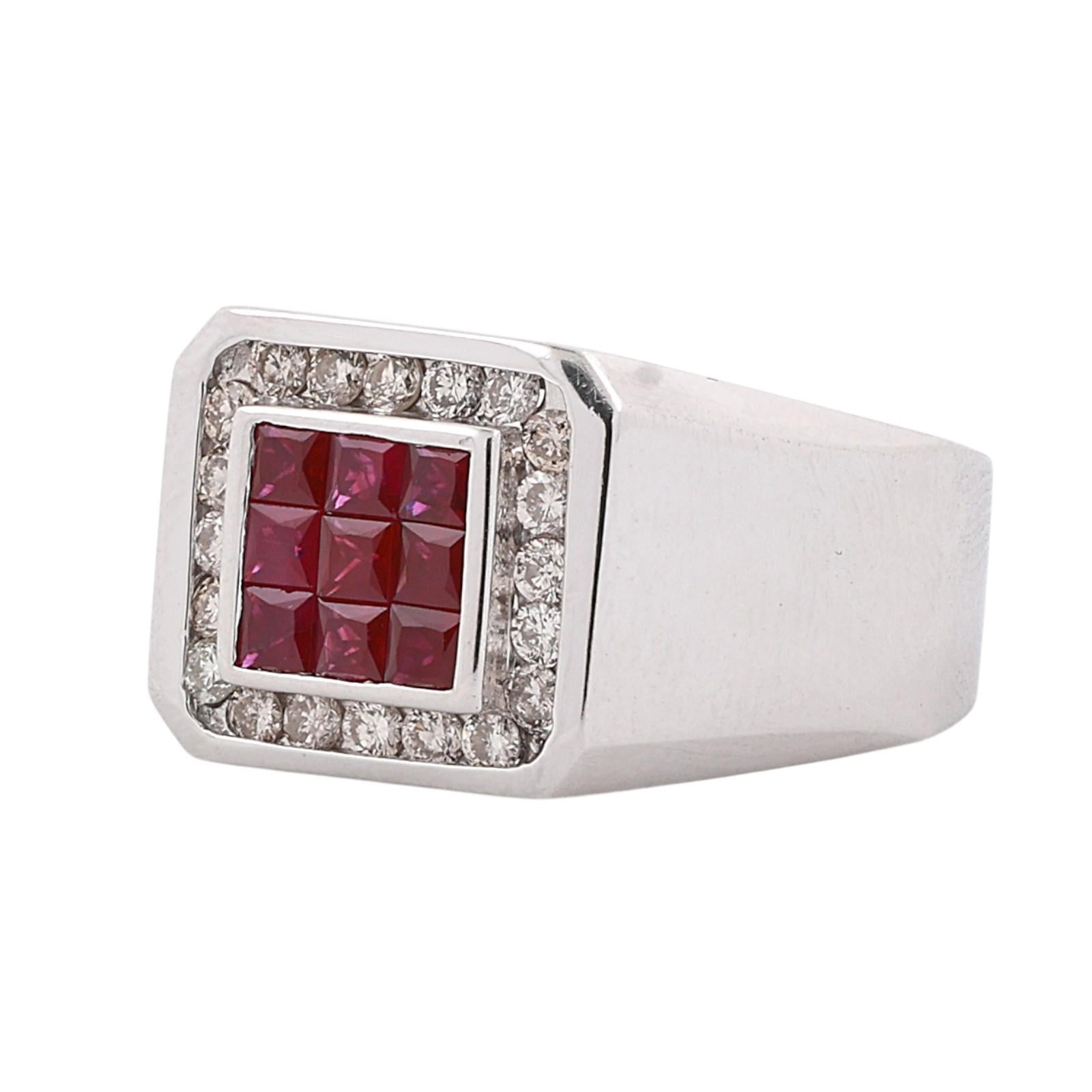 Estate White Gold Ruby Halo Diamond Men's Ring Size 11.5 13.0g