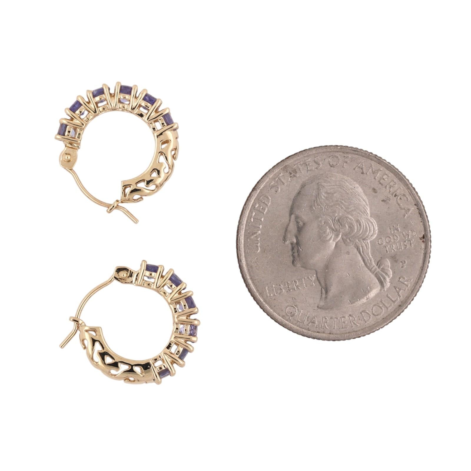 14K Gold Tanzanite Hoop Earrings 1.20CTW Round Gemstone Huggie Estate