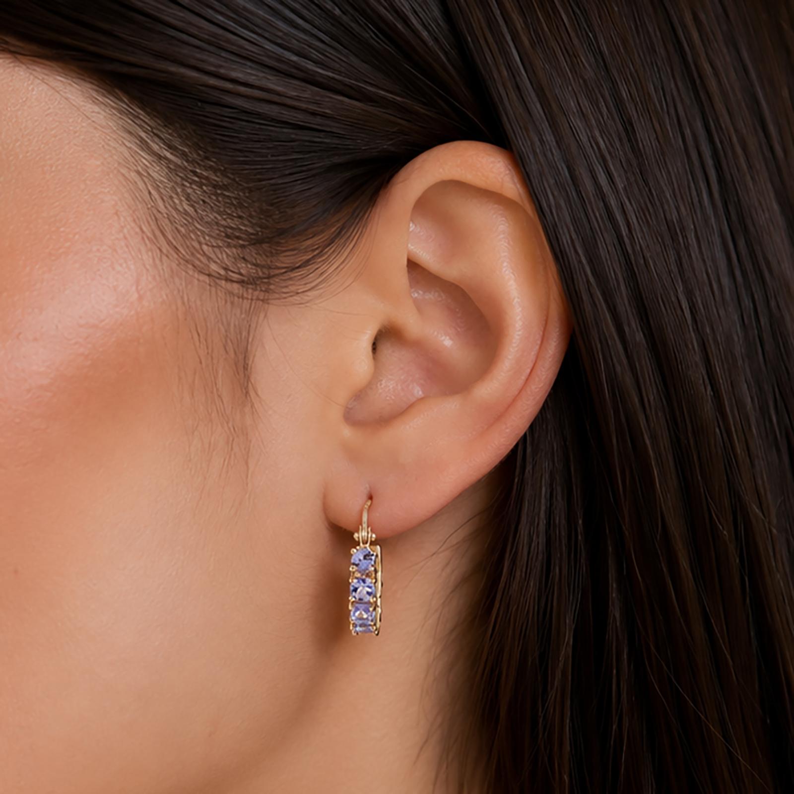 14K Gold Tanzanite Hoop Earrings 1.20CTW Round Gemstone Huggie Estate