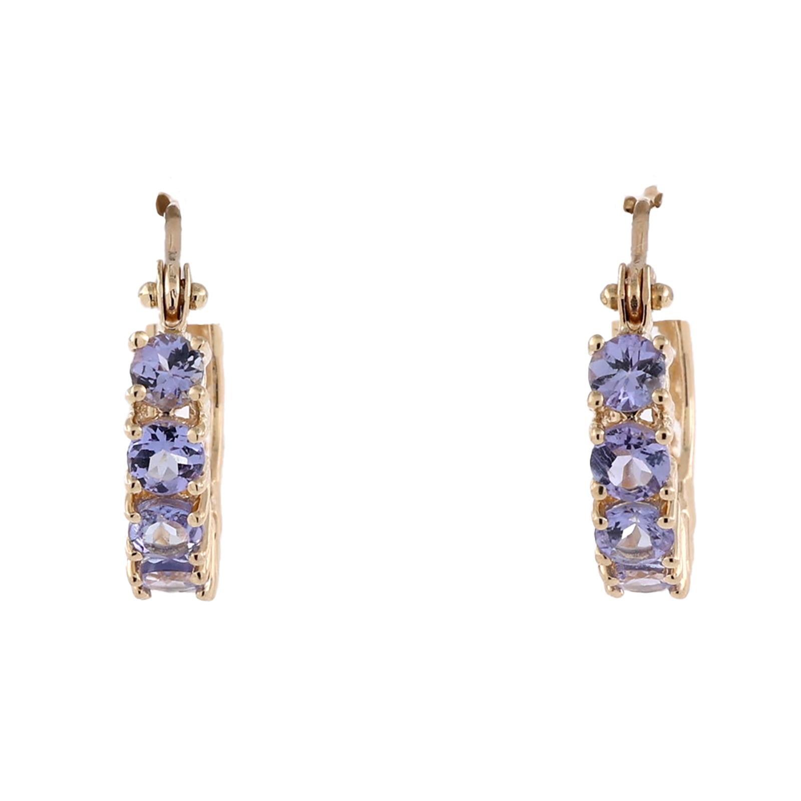 14K Gold Tanzanite Hoop Earrings 1.20CTW Round Gemstone Huggie Estate