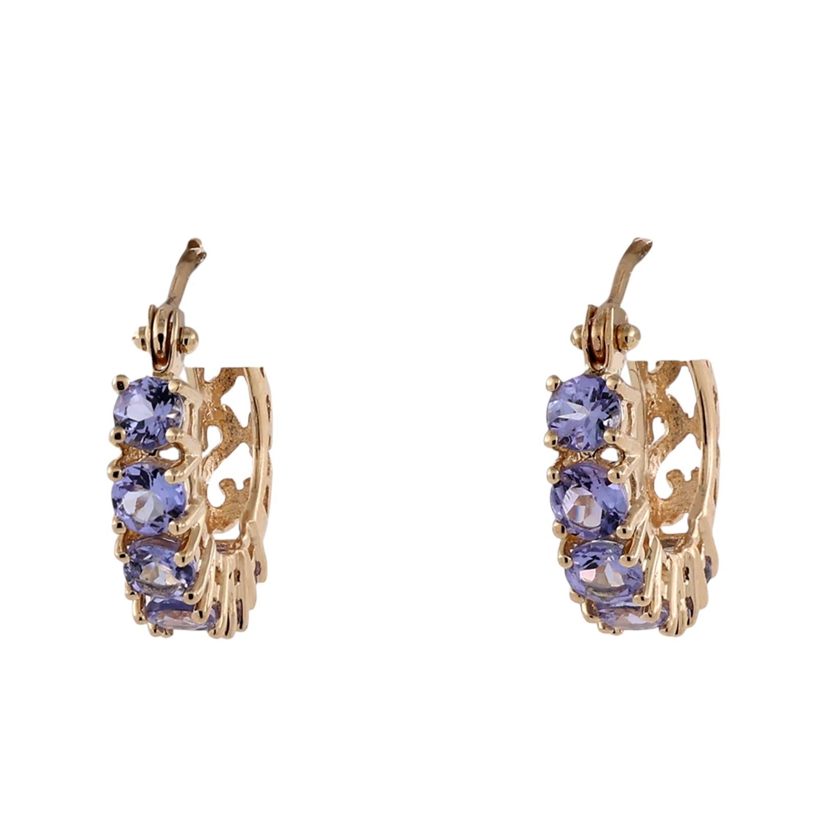 14K Gold Tanzanite Hoop Earrings 1.20CTW Round Gemstone Huggie Estate