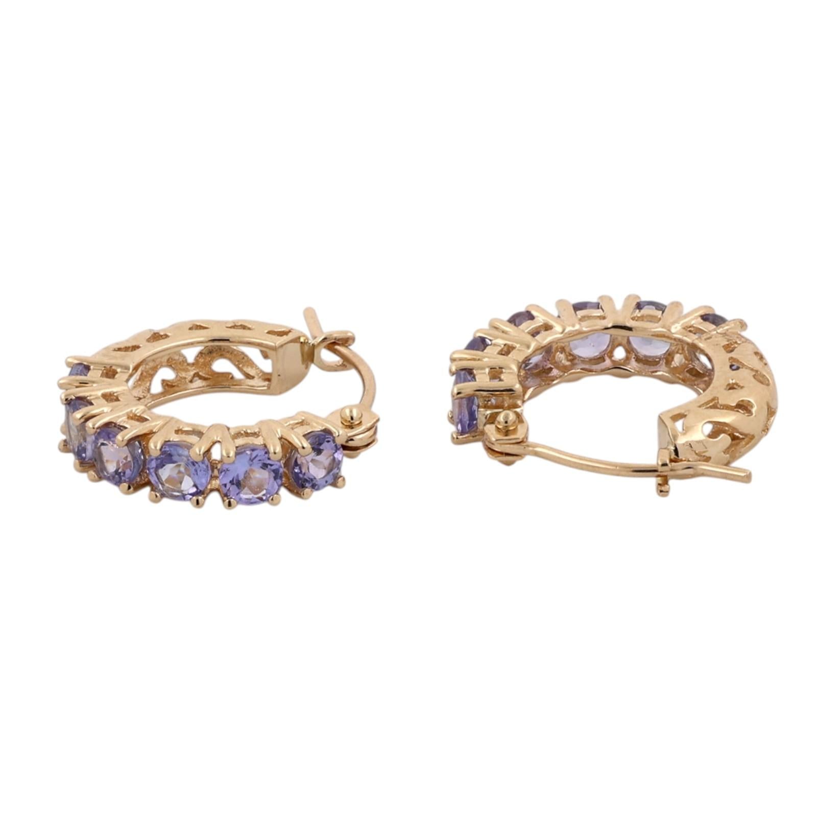 14K Gold Tanzanite Hoop Earrings 1.20CTW Round Gemstone Huggie Estate