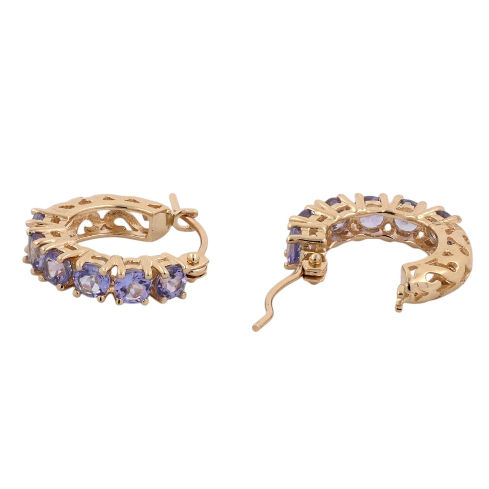 14K Gold Tanzanite Hoop Earrings 1.20CTW Round Gemstone Huggie Estate