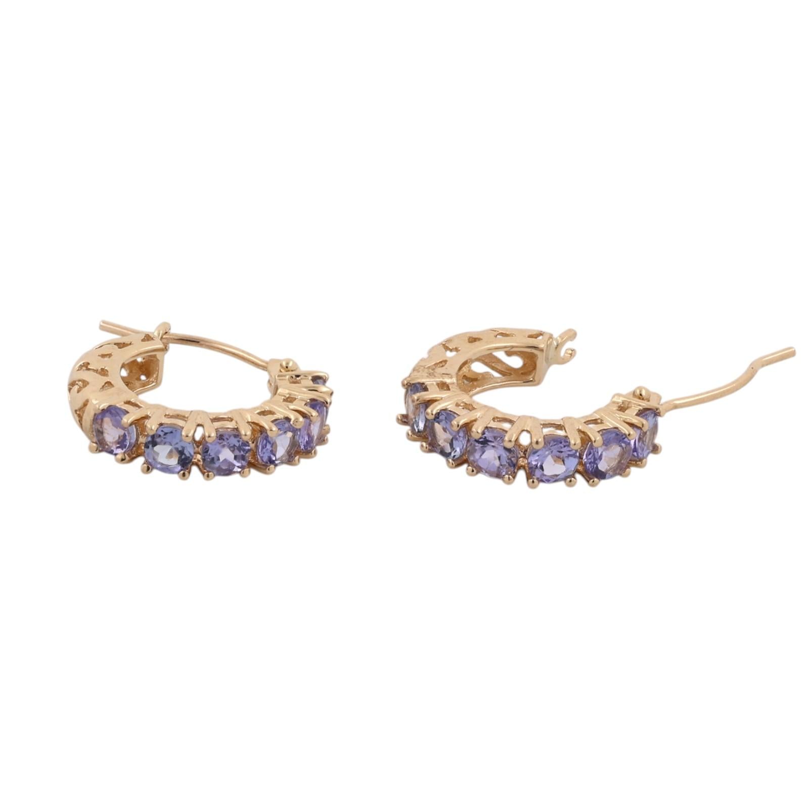 14K Gold Tanzanite Hoop Earrings 1.20CTW Round Gemstone Huggie Estate