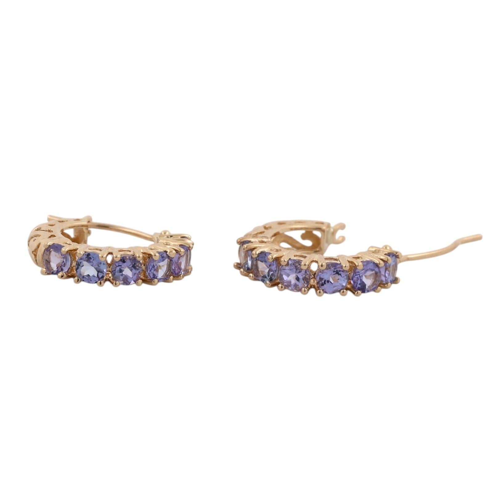 14K Gold Tanzanite Hoop Earrings 1.20CTW Round Gemstone Huggie Estate