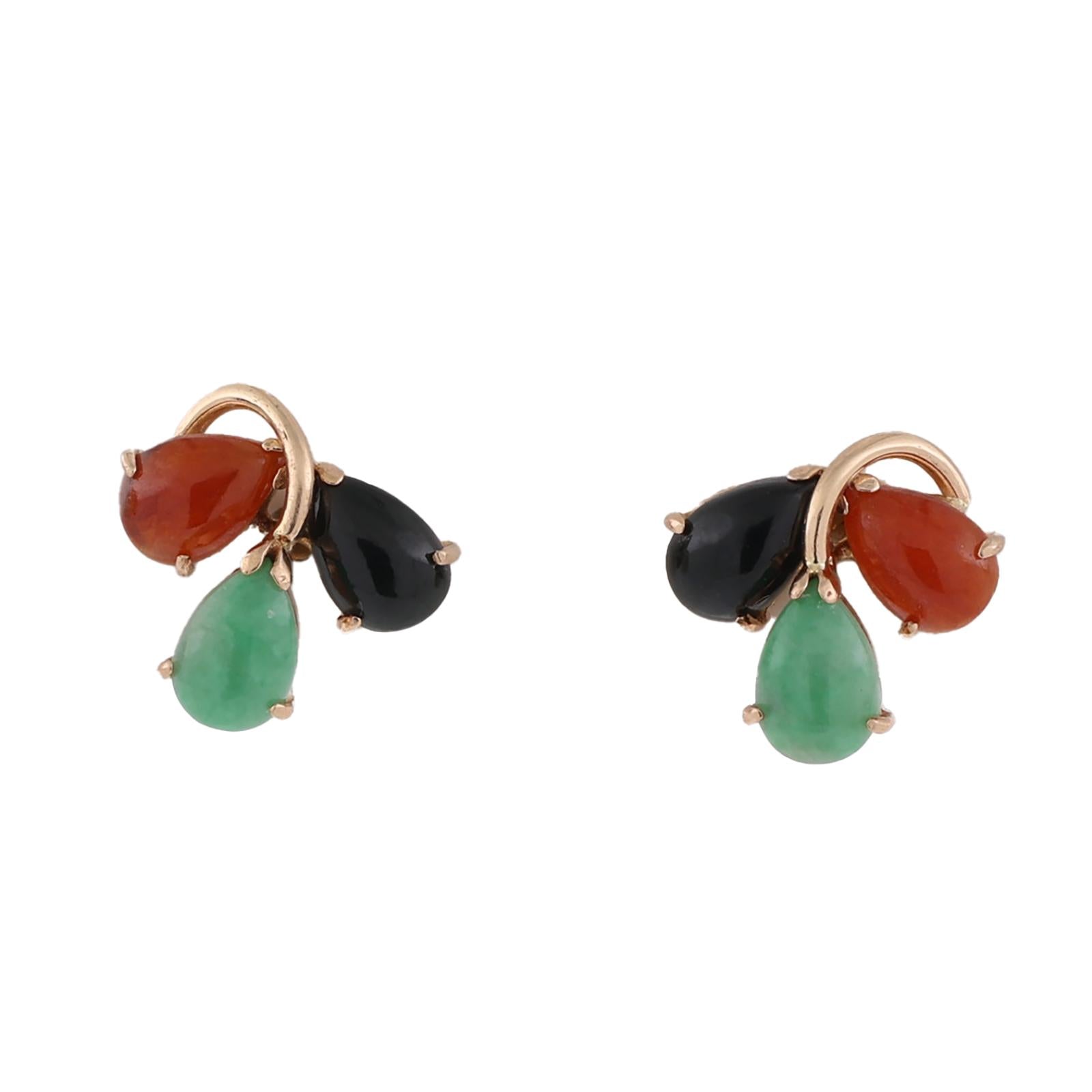 14K Gold Multi Color Jadeite Pear Stud Earrings Green Black Orange Estate