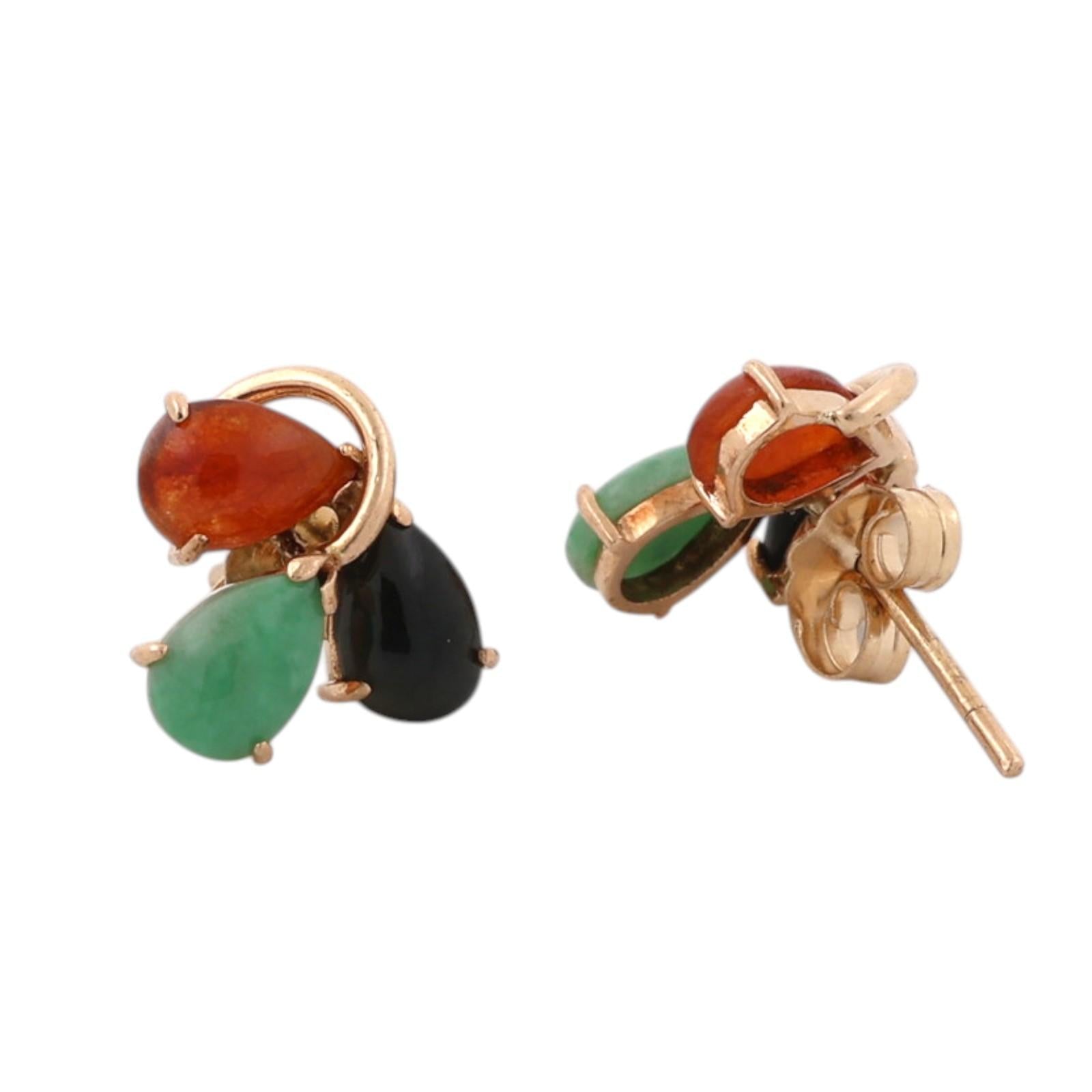 14K Gold Multi Color Jadeite Pear Stud Earrings Green Black Orange Estate