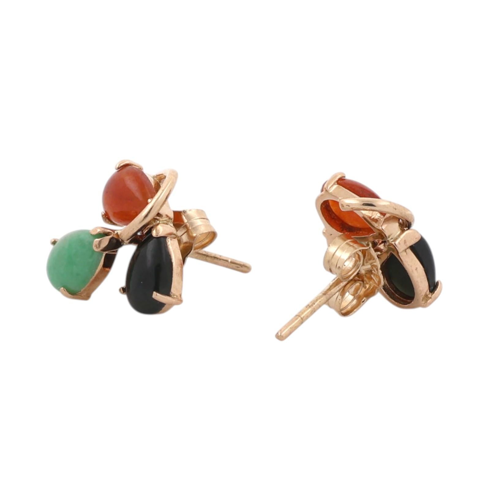 14K Gold Multi Color Jadeite Pear Stud Earrings Green Black Orange Estate