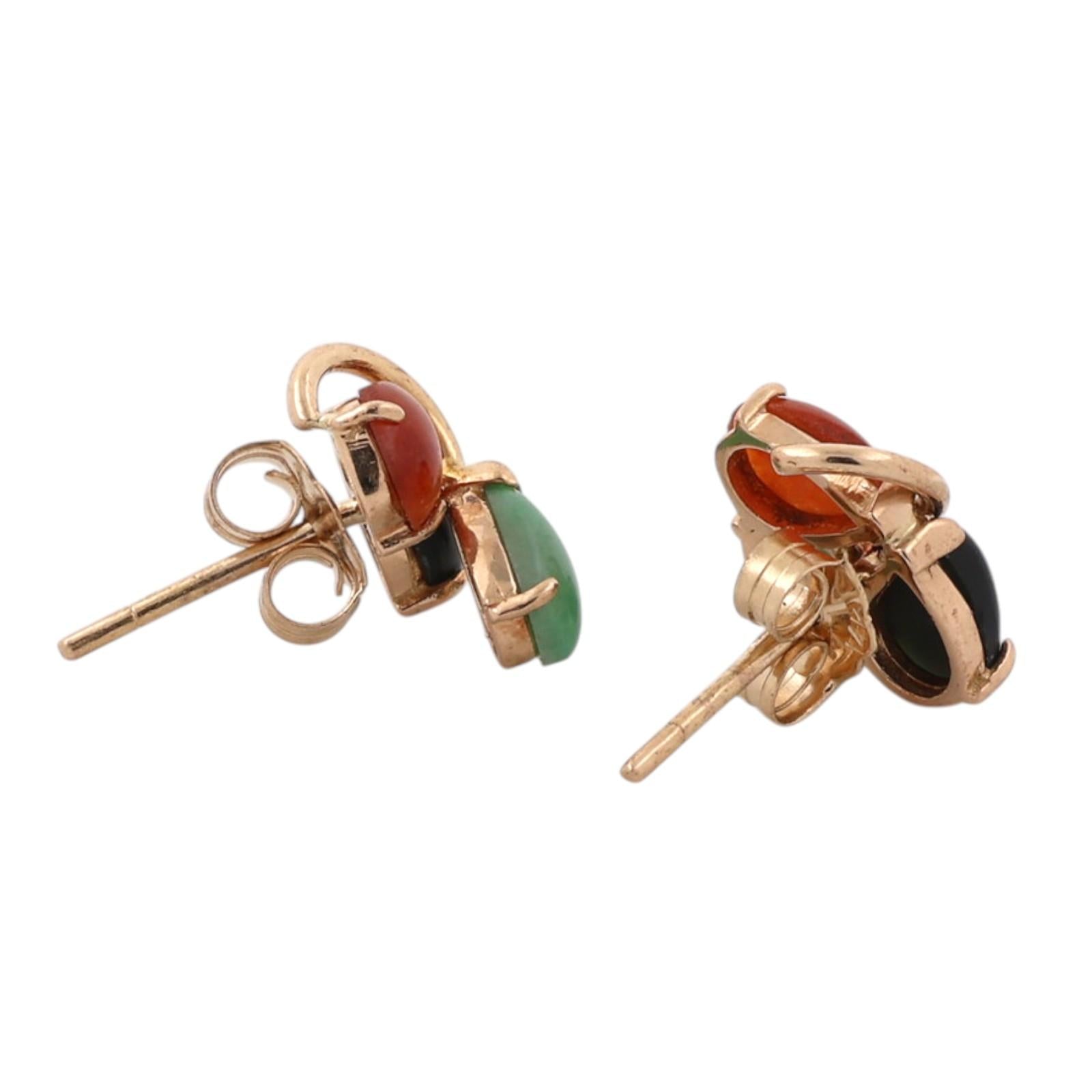 14K Gold Multi Color Jadeite Pear Stud Earrings Green Black Orange Estate