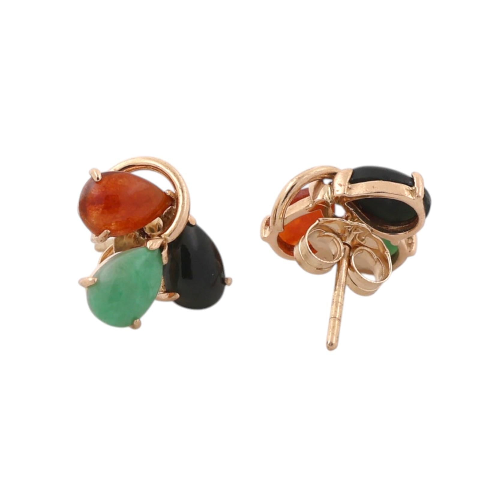 14K Gold Multi Color Jadeite Pear Stud Earrings Green Black Orange Estate