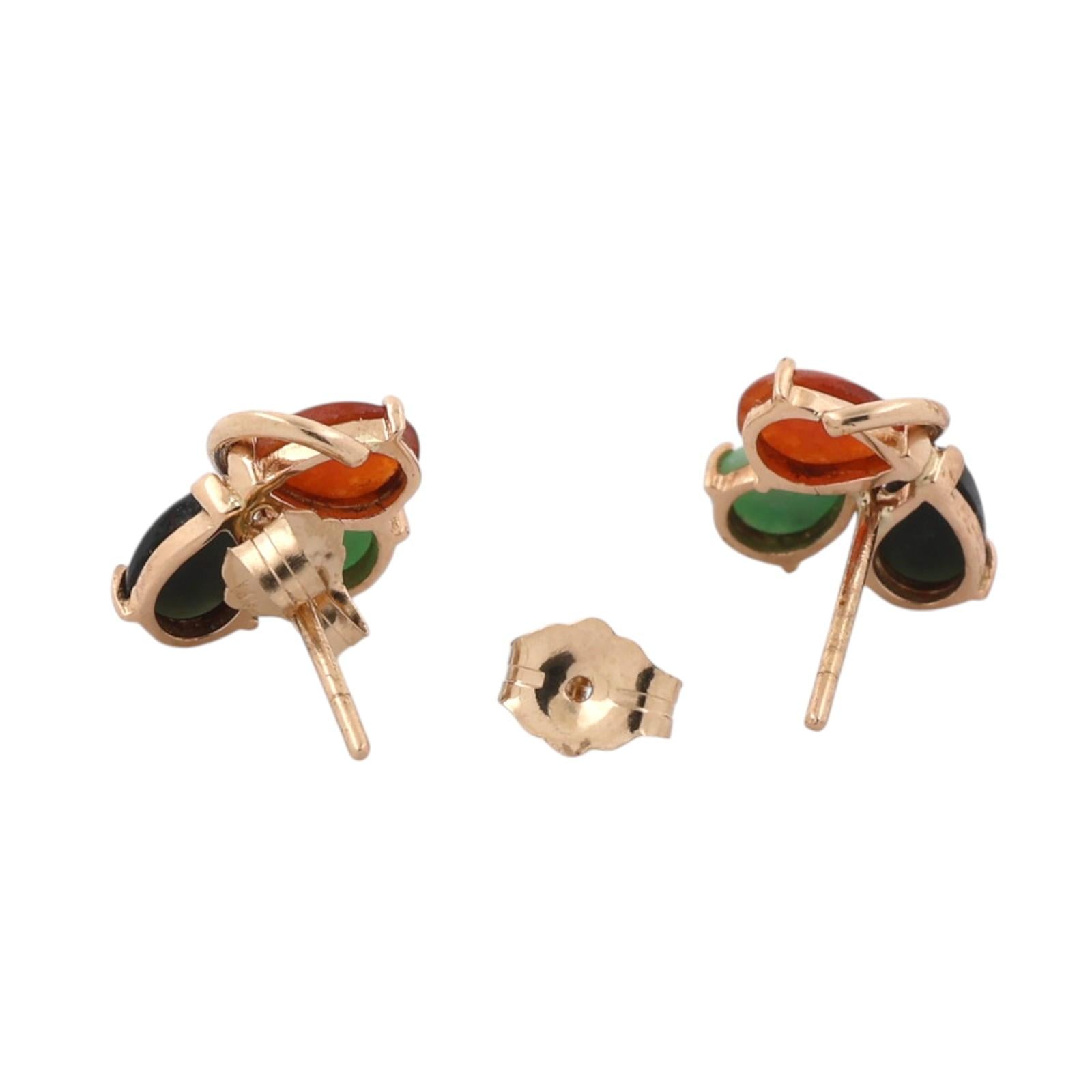 14K Gold Multi Color Jadeite Pear Stud Earrings Green Black Orange Estate
