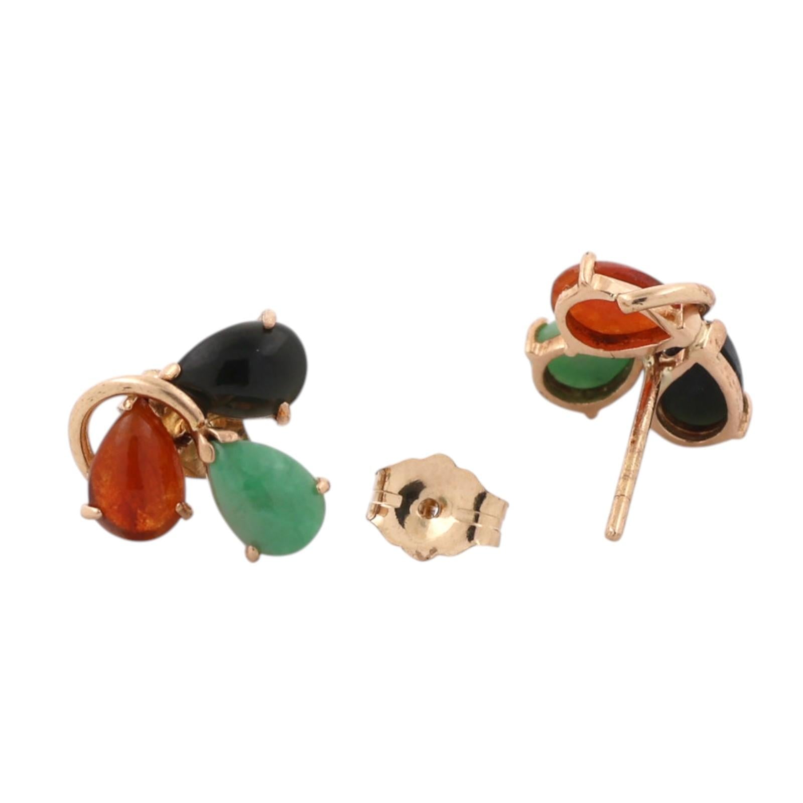 14K Gold Multi Color Jadeite Pear Stud Earrings Green Black Orange Estate