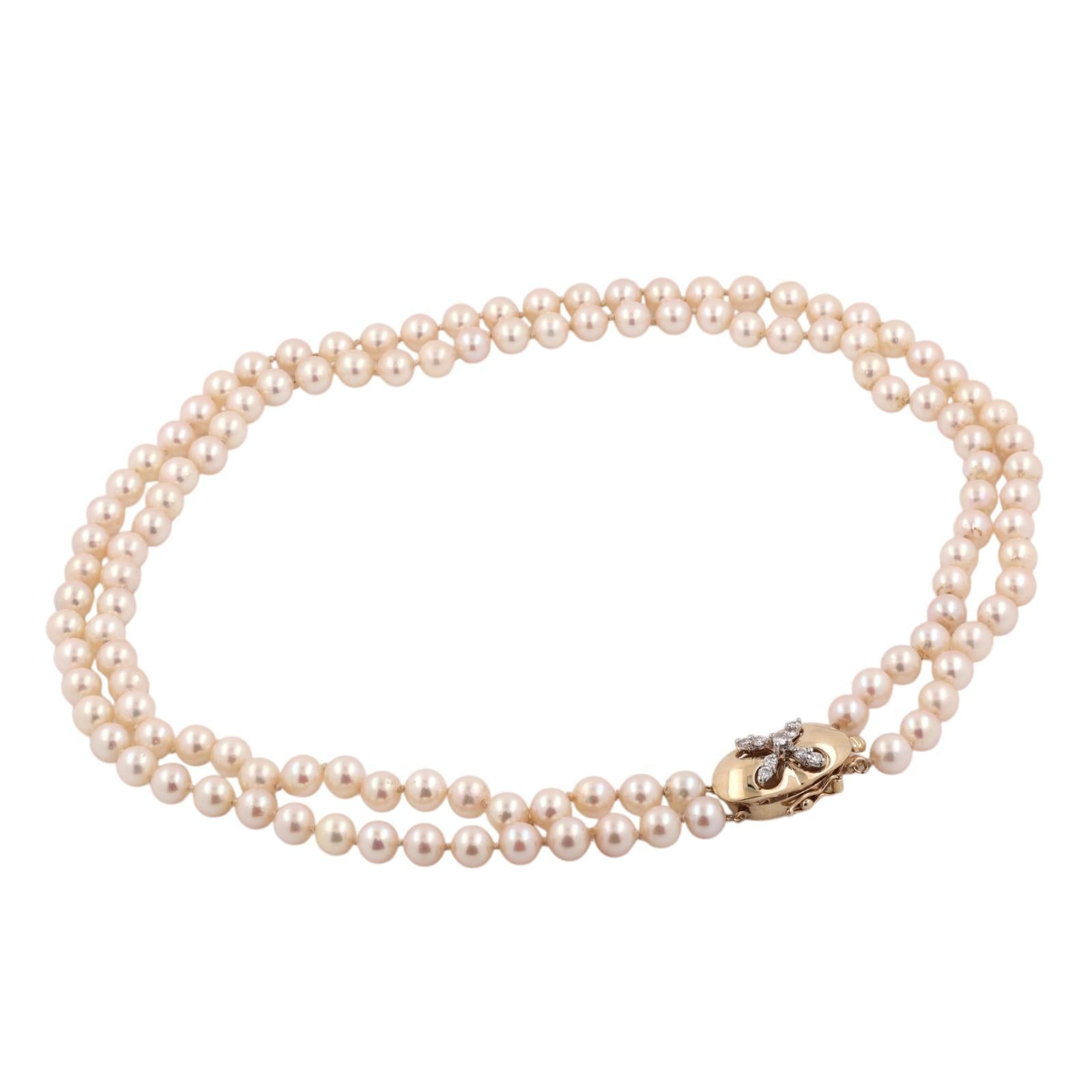 Gold Akoya Cultured Pearl Necklace Diamond Clasp 16-17" Double Strand