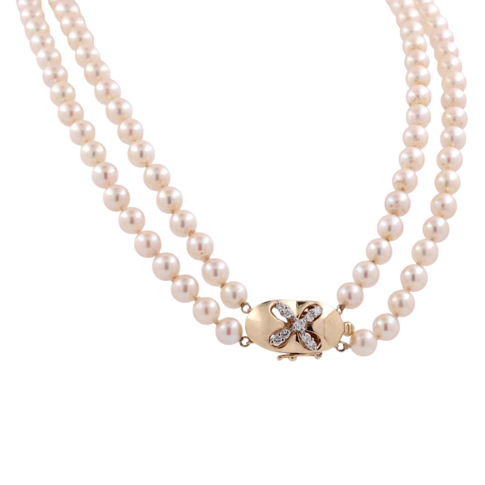Gold Akoya Cultured Pearl Necklace Diamond Clasp 16-17" Double Strand