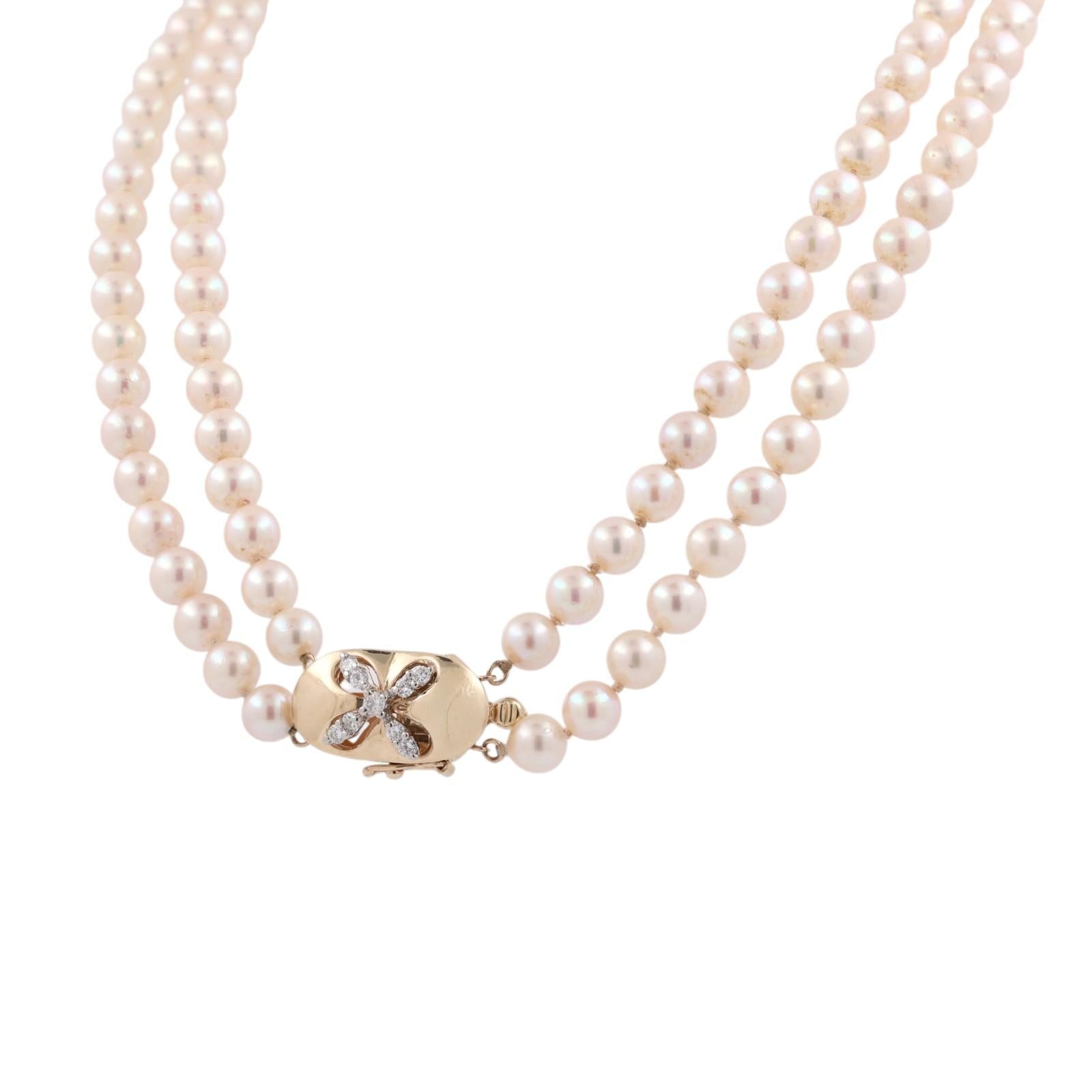 Gold Akoya Cultured Pearl Necklace Diamond Clasp 16-17" Double Strand