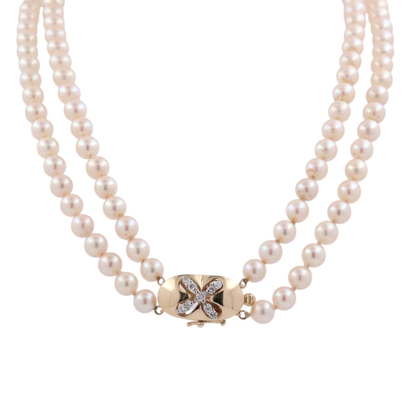 Gold Akoya Cultured Pearl Necklace Diamond Clasp 16-17" Double Strand