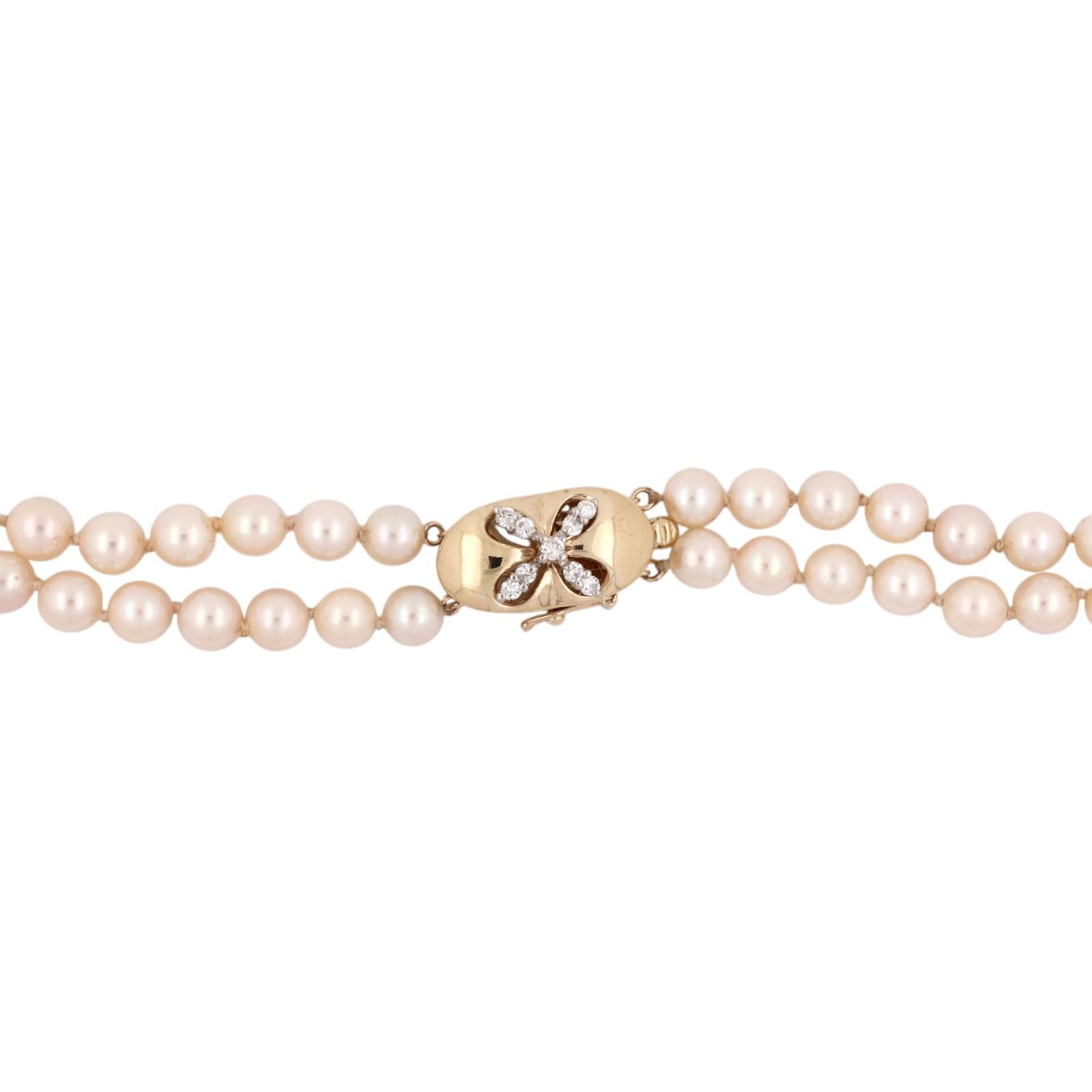 Gold Akoya Cultured Pearl Necklace Diamond Clasp 16-17" Double Strand