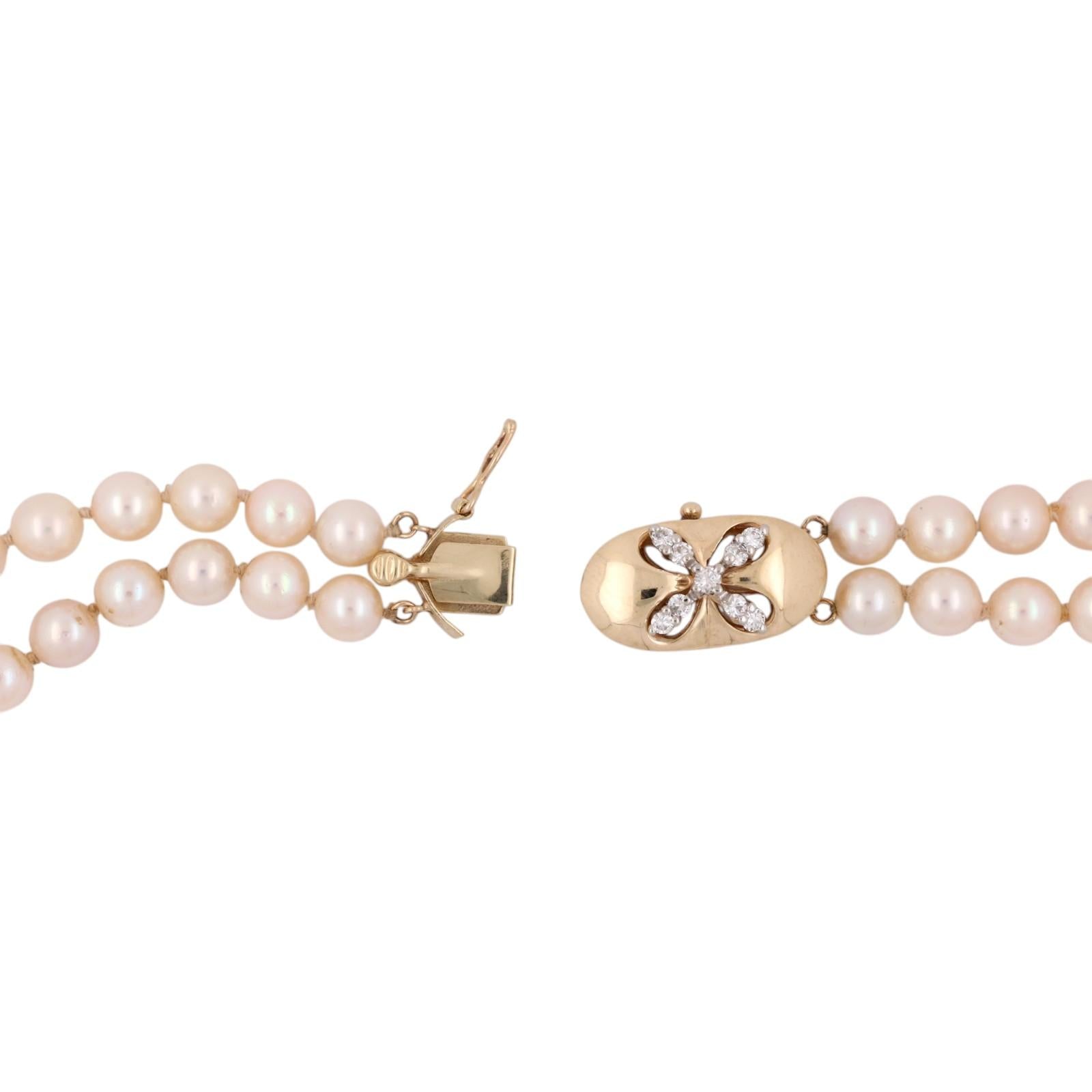 Gold Akoya Cultured Pearl Necklace Diamond Clasp 16-17" Double Strand