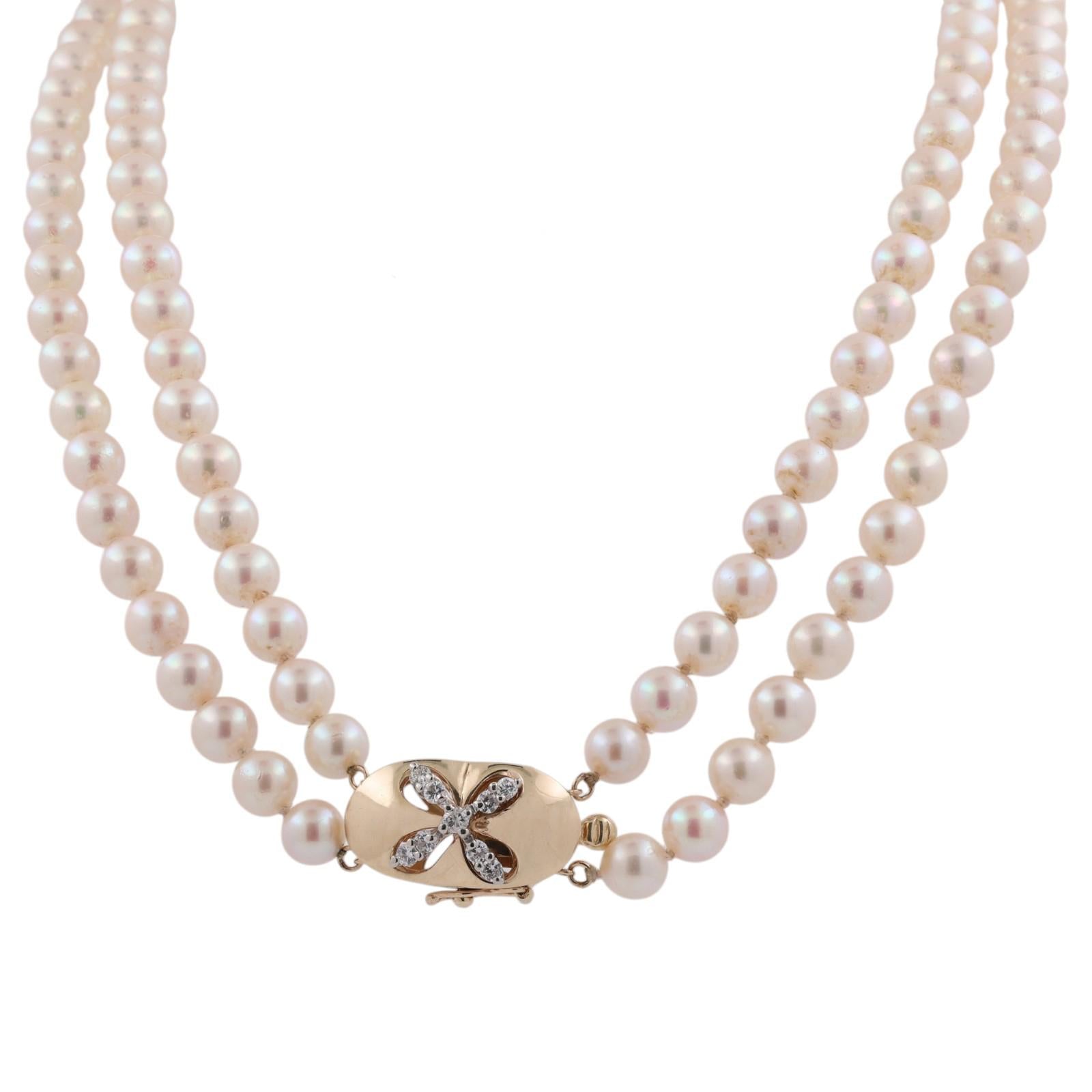 Gold Akoya Cultured Pearl Necklace Diamond Clasp 16-17" Double Strand