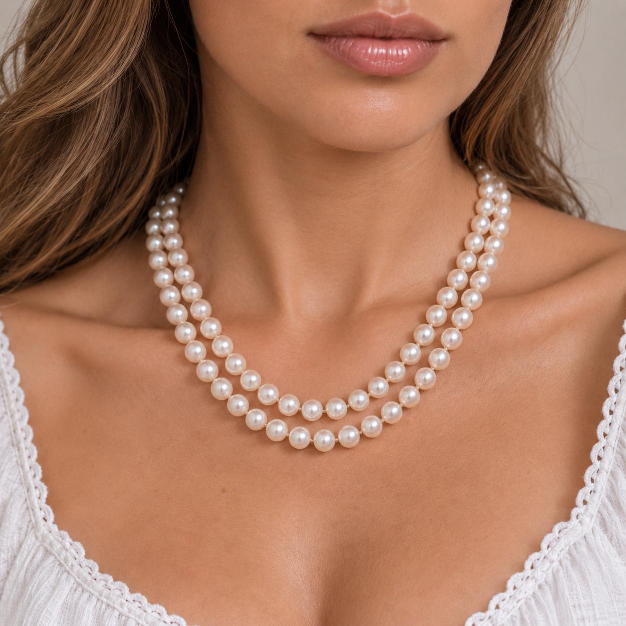 Gold Akoya Cultured Pearl Necklace Diamond Clasp 16-17" Double Strand