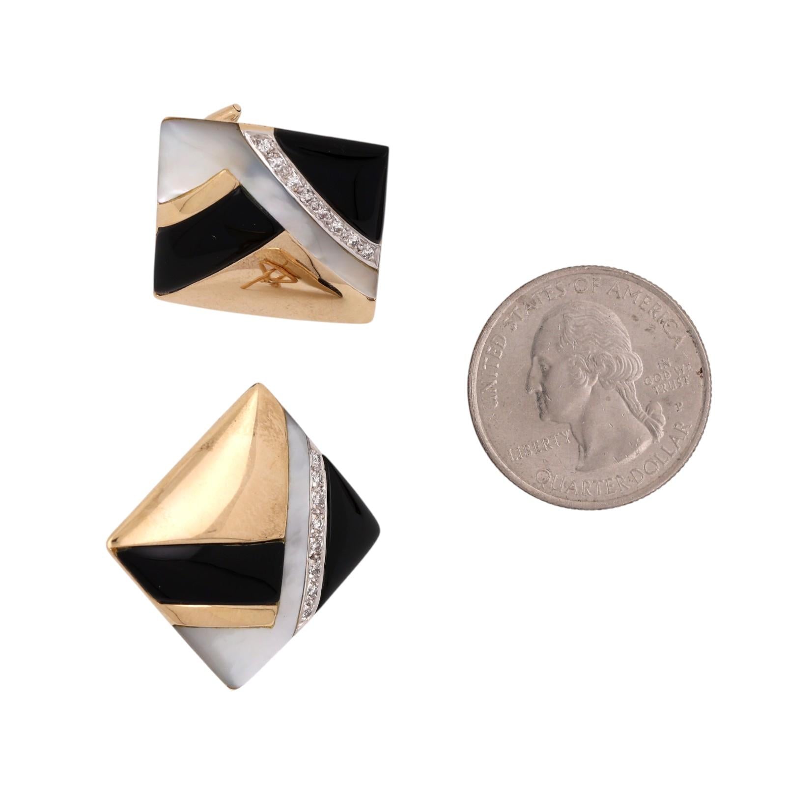 14K Two Tone Gold Onyx Mother of Pearl Diamond Square Omega Back Earrings