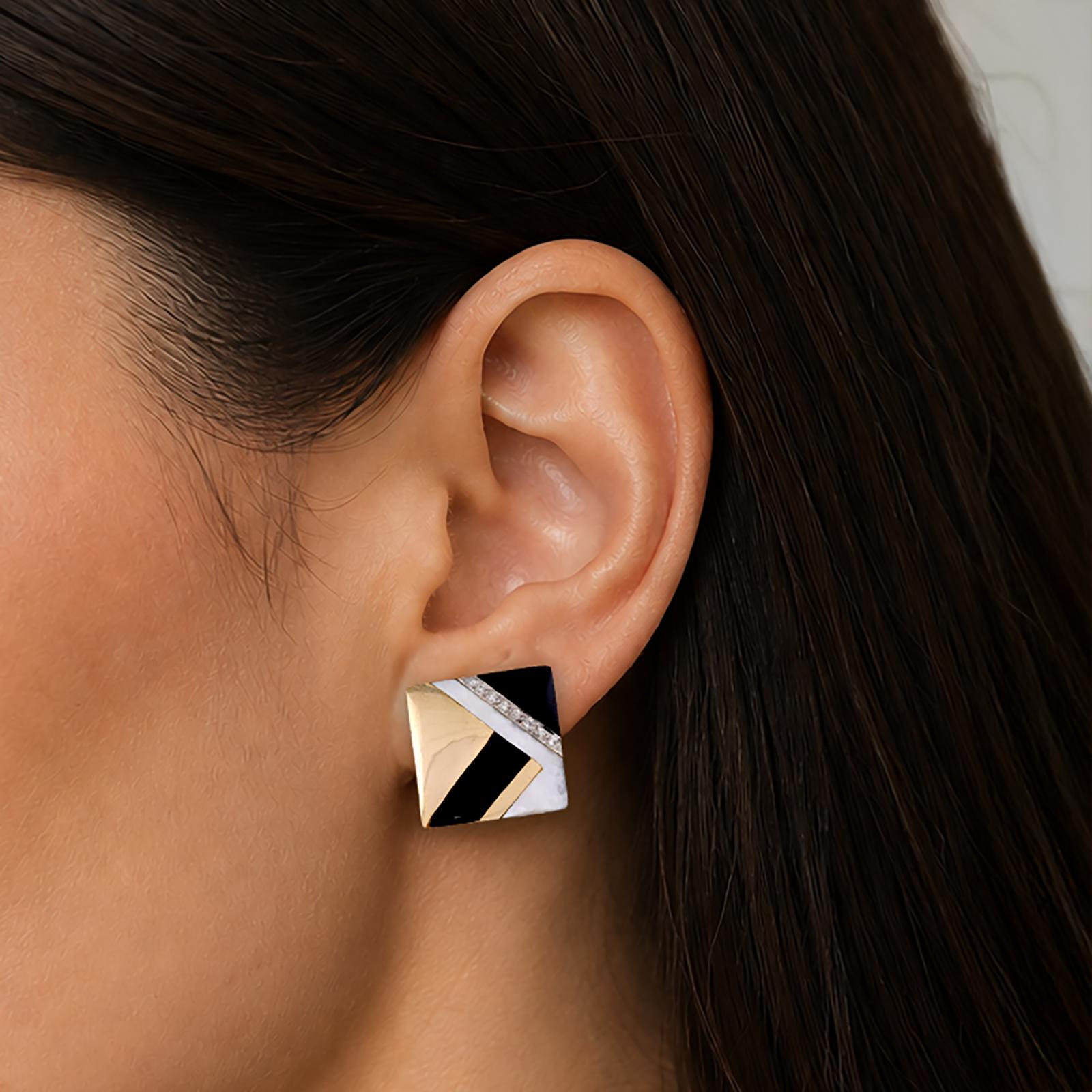 14K Two Tone Gold Onyx Mother of Pearl Diamond Square Omega Back Earrings