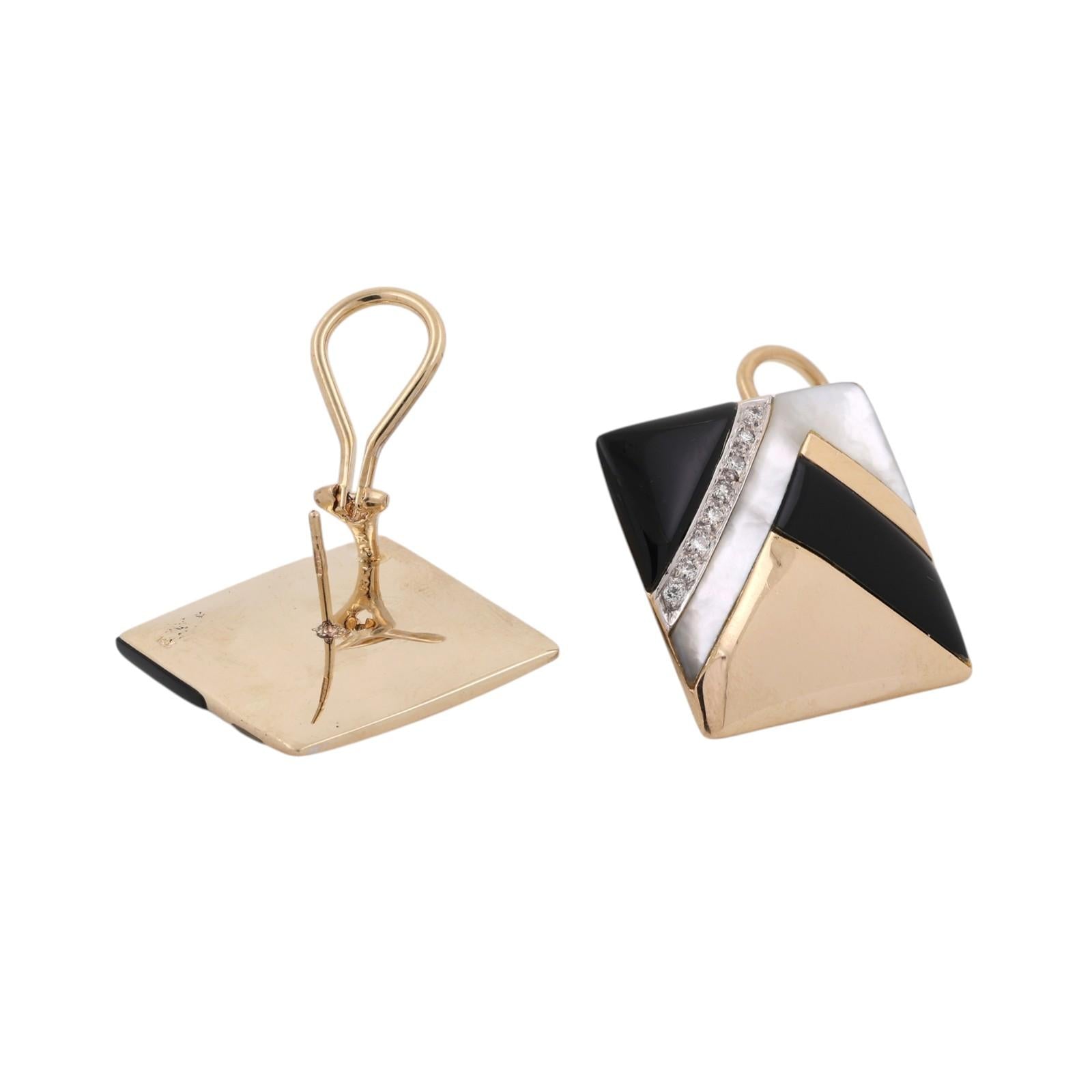 14K Two Tone Gold Onyx Mother of Pearl Diamond Square Omega Back Earrings