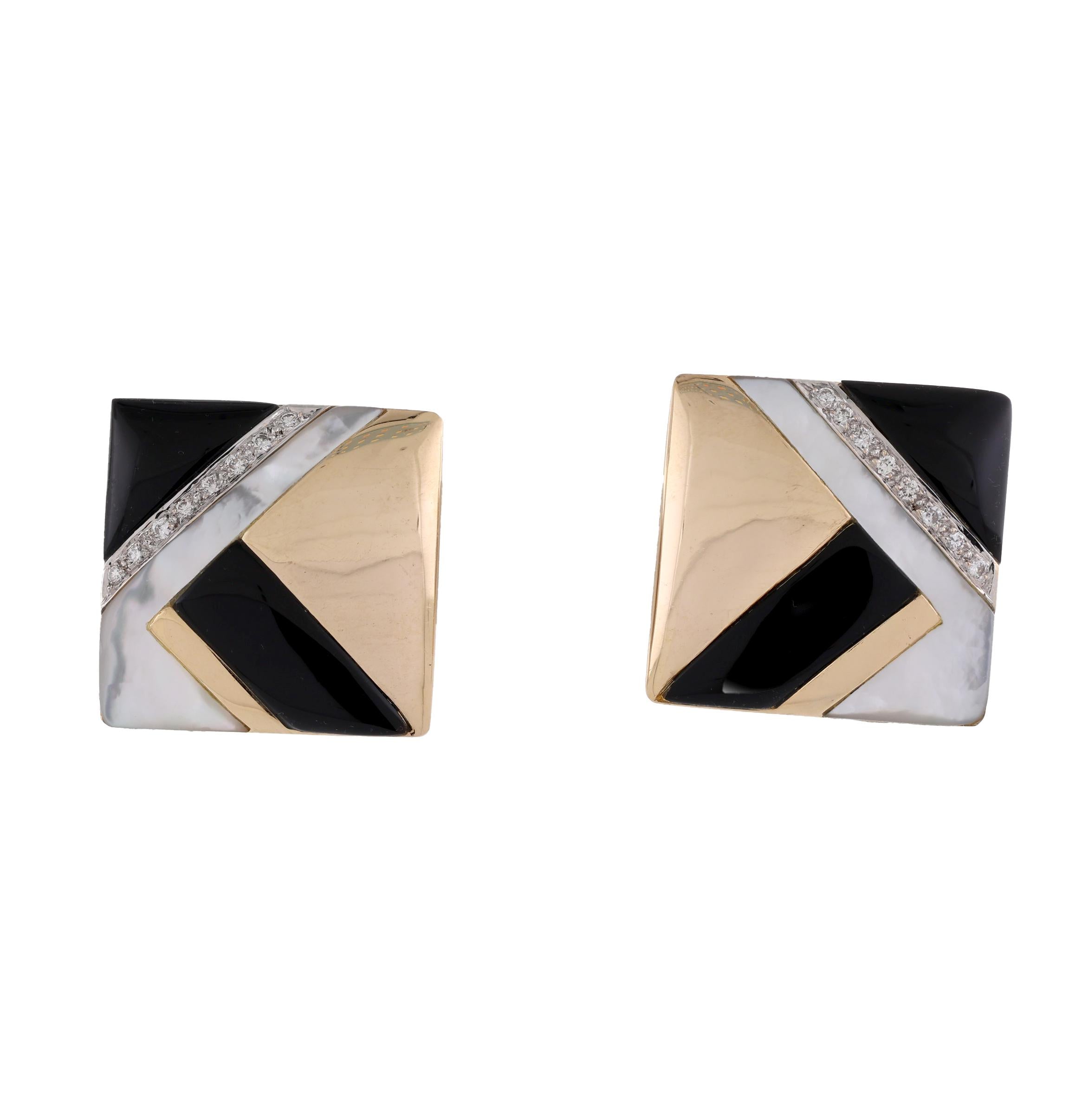 14K Two Tone Gold Onyx Mother of Pearl Diamond Square Omega Back Earrings