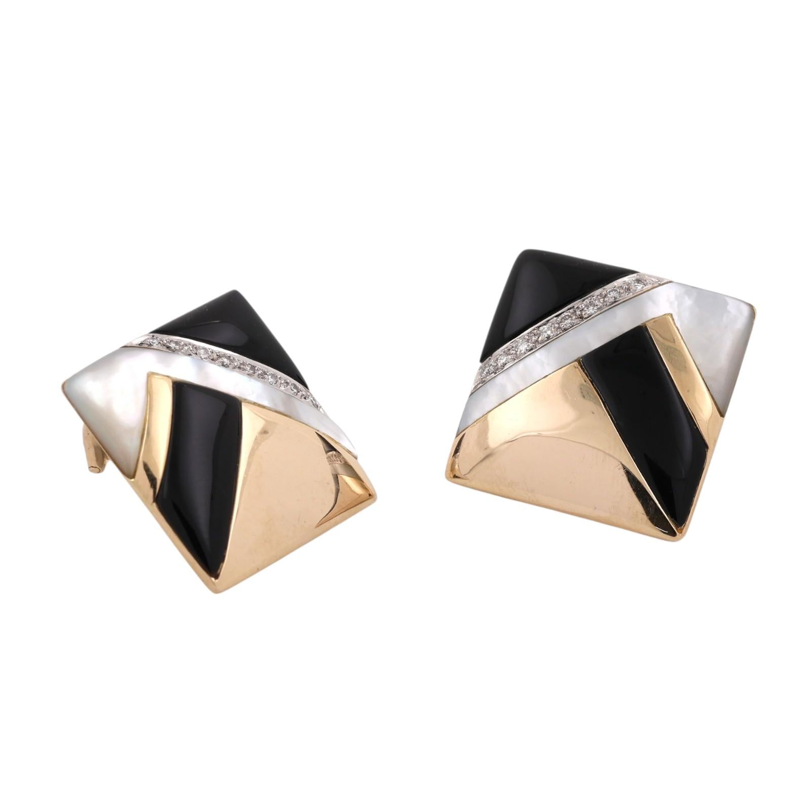 14K Two Tone Gold Onyx Mother of Pearl Diamond Square Omega Back Earrings