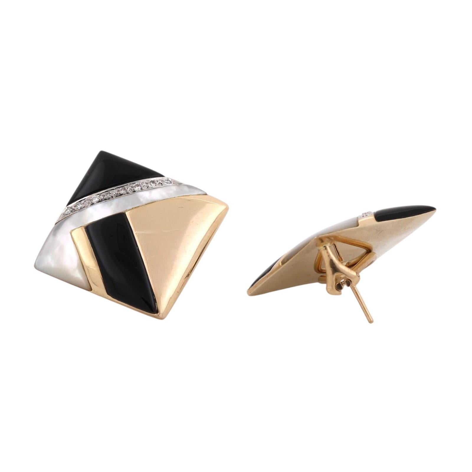 14K Two Tone Gold Onyx Mother of Pearl Diamond Square Omega Back Earrings