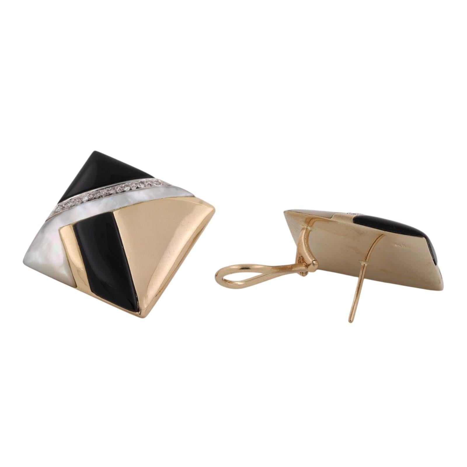 14K Two Tone Gold Onyx Mother of Pearl Diamond Square Omega Back Earrings