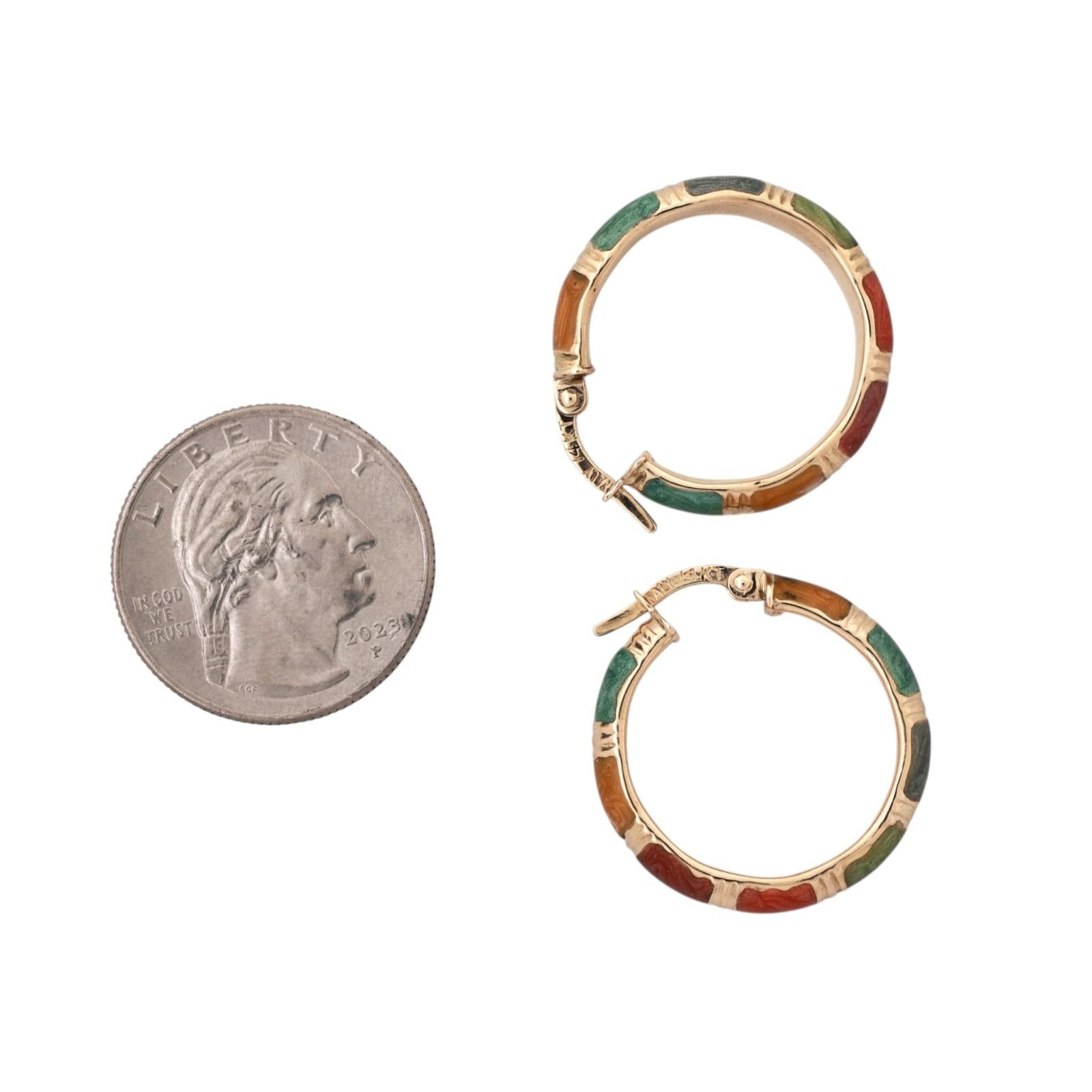 14K Yellow Gold Italian Multi Color Enamel Hoop Earrings Hinged 1.05"