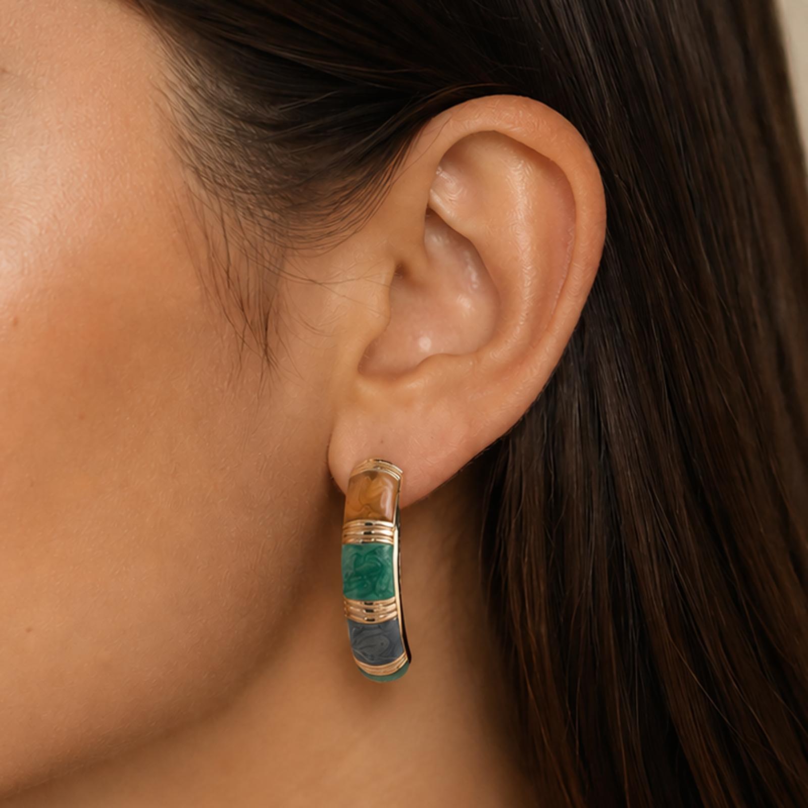 14K Yellow Gold Italian Multi Color Enamel Hoop Earrings Hinged 1.05"