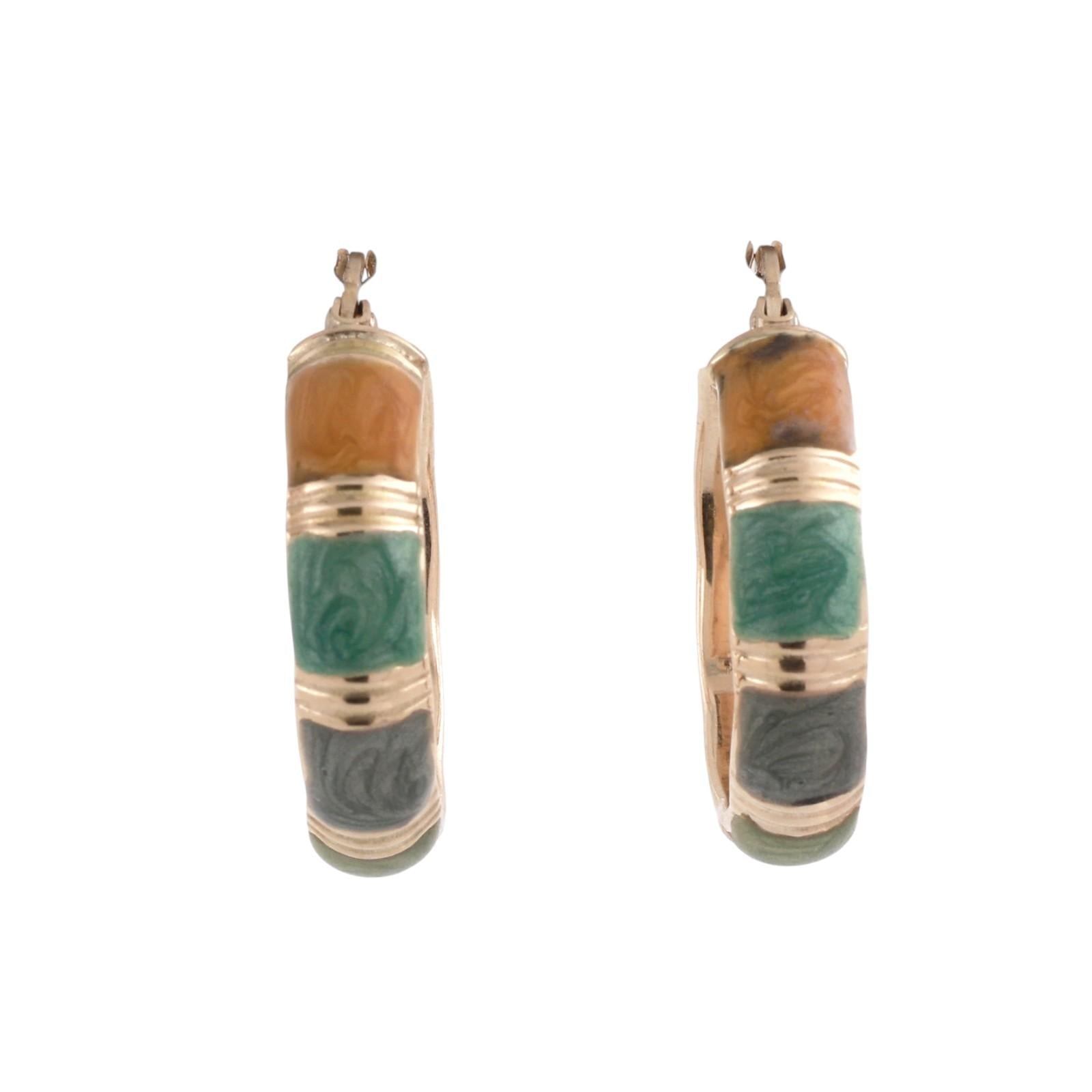 14K Yellow Gold Italian Multi Color Enamel Hoop Earrings Hinged 1.05"