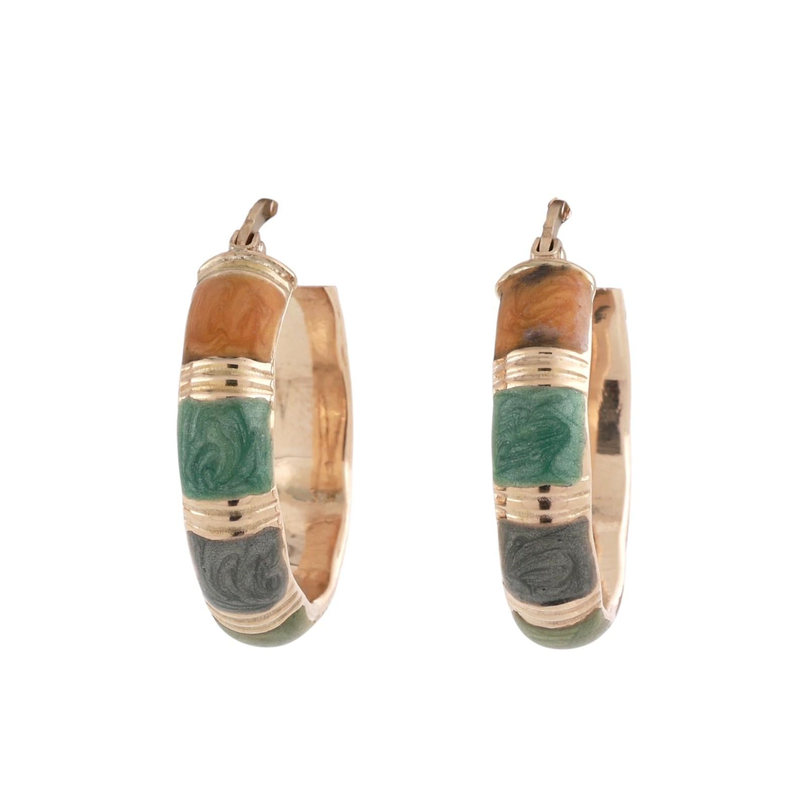 14K Yellow Gold Italian Multi Color Enamel Hoop Earrings Hinged 1.05"