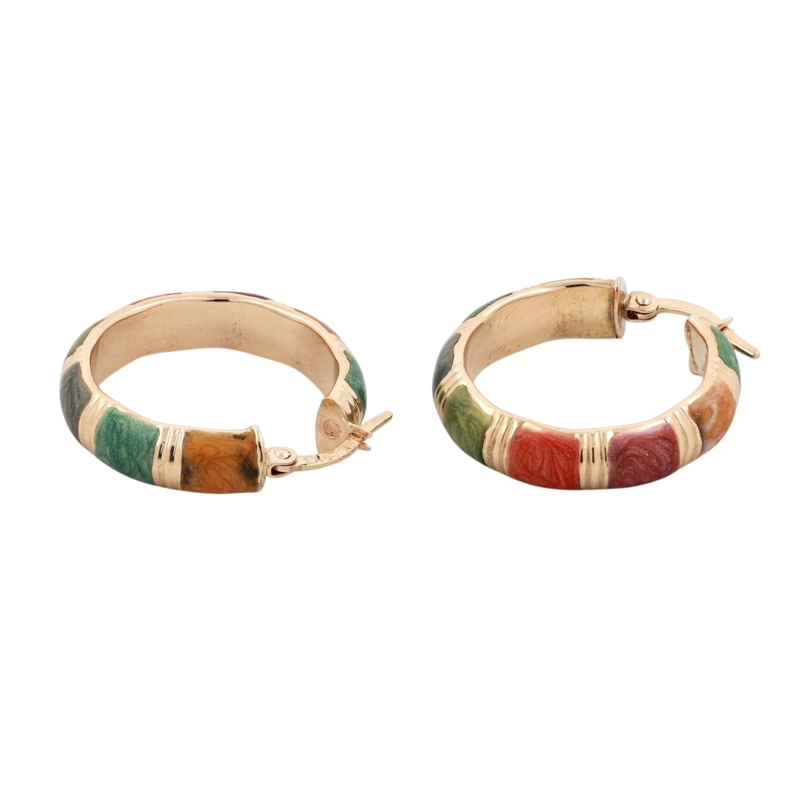 14K Yellow Gold Italian Multi Color Enamel Hoop Earrings Hinged 1.05"