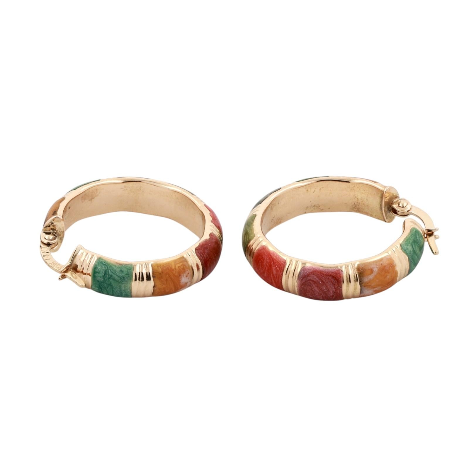 14K Yellow Gold Italian Multi Color Enamel Hoop Earrings Hinged 1.05"