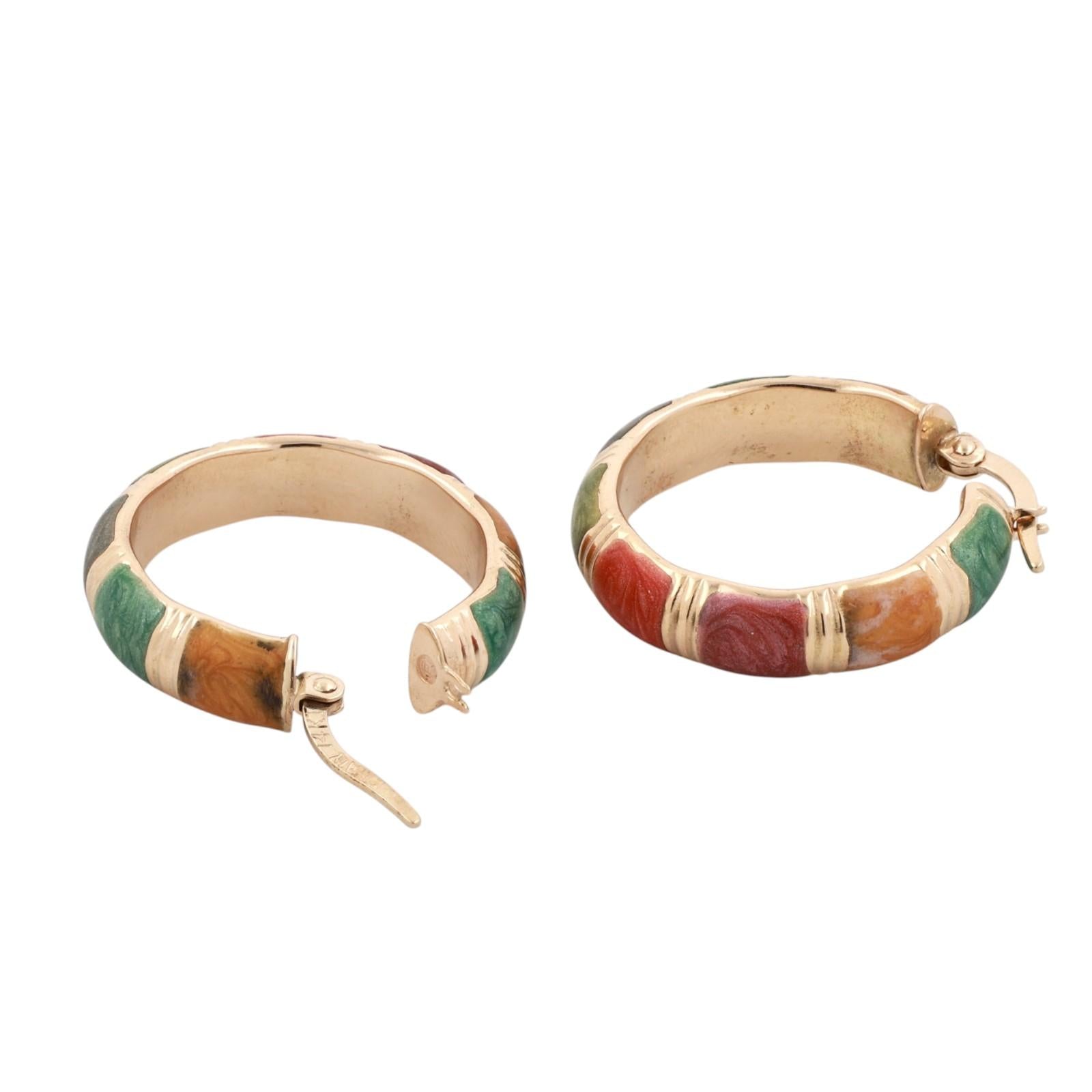 14K Yellow Gold Italian Multi Color Enamel Hoop Earrings Hinged 1.05"