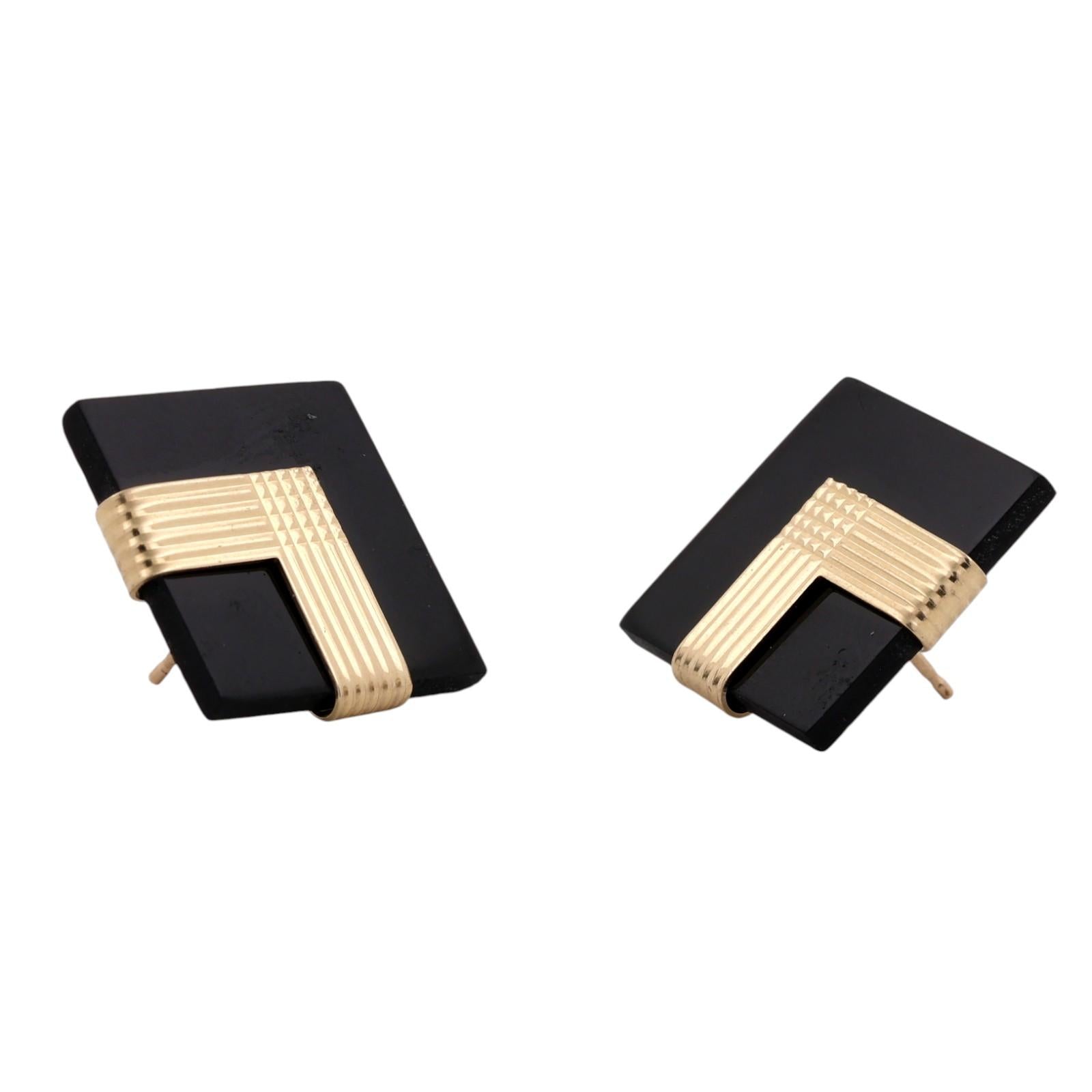 14K Gold Black Onyx Geometric Statement Earrings Vintage Modernist Estate 18mm