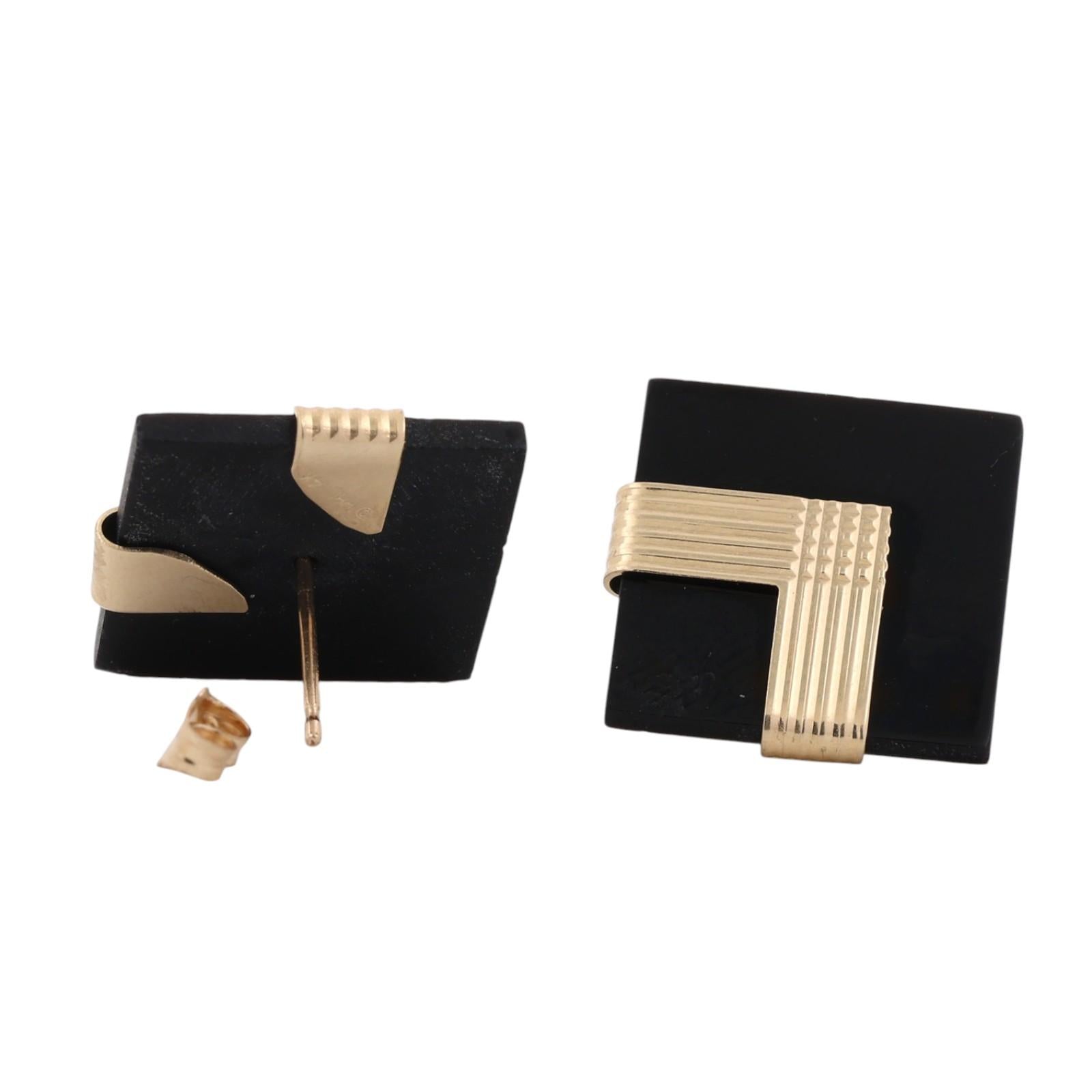 14K Gold Black Onyx Geometric Statement Earrings Vintage Modernist Estate 18mm