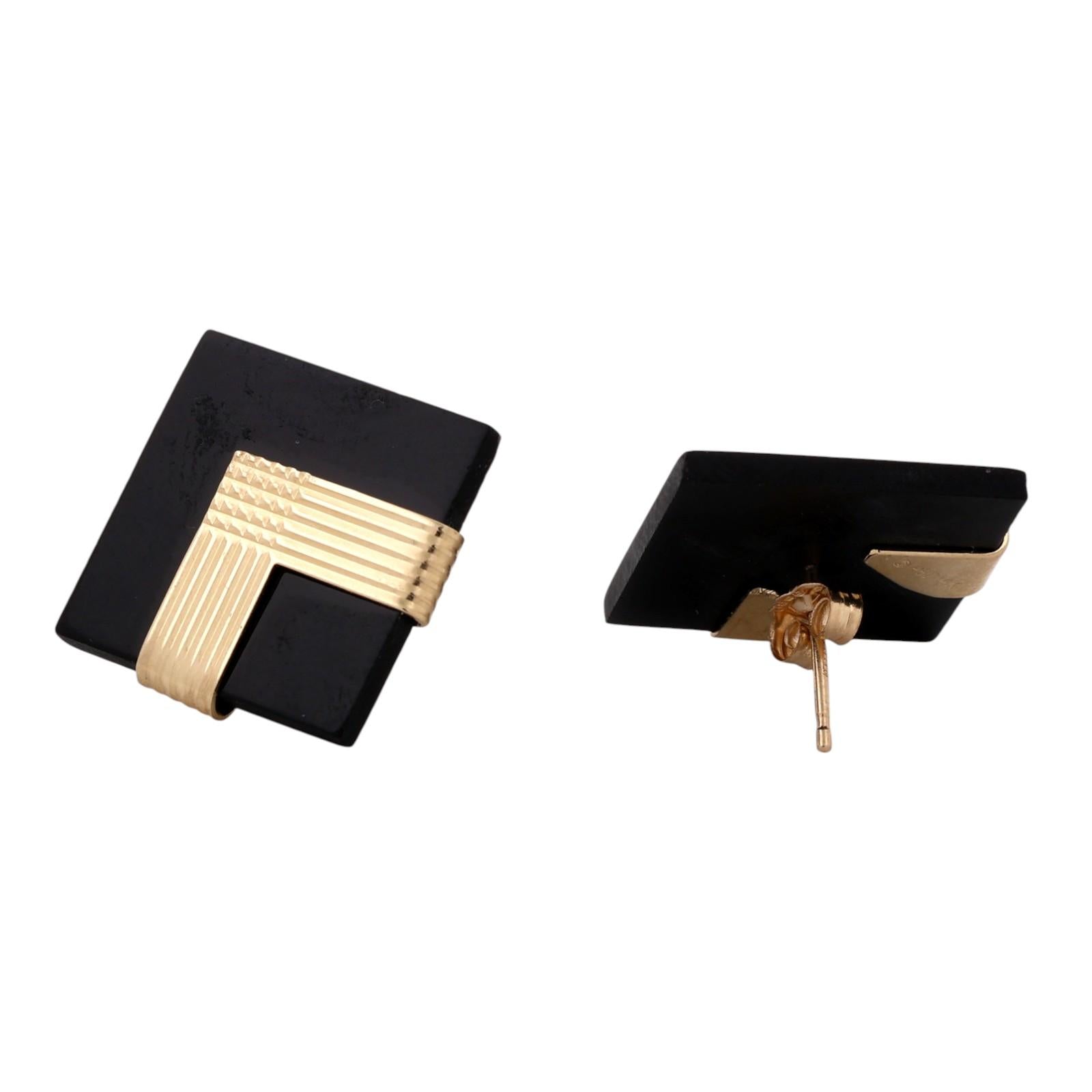 14K Gold Black Onyx Geometric Statement Earrings Vintage Modernist Estate 18mm