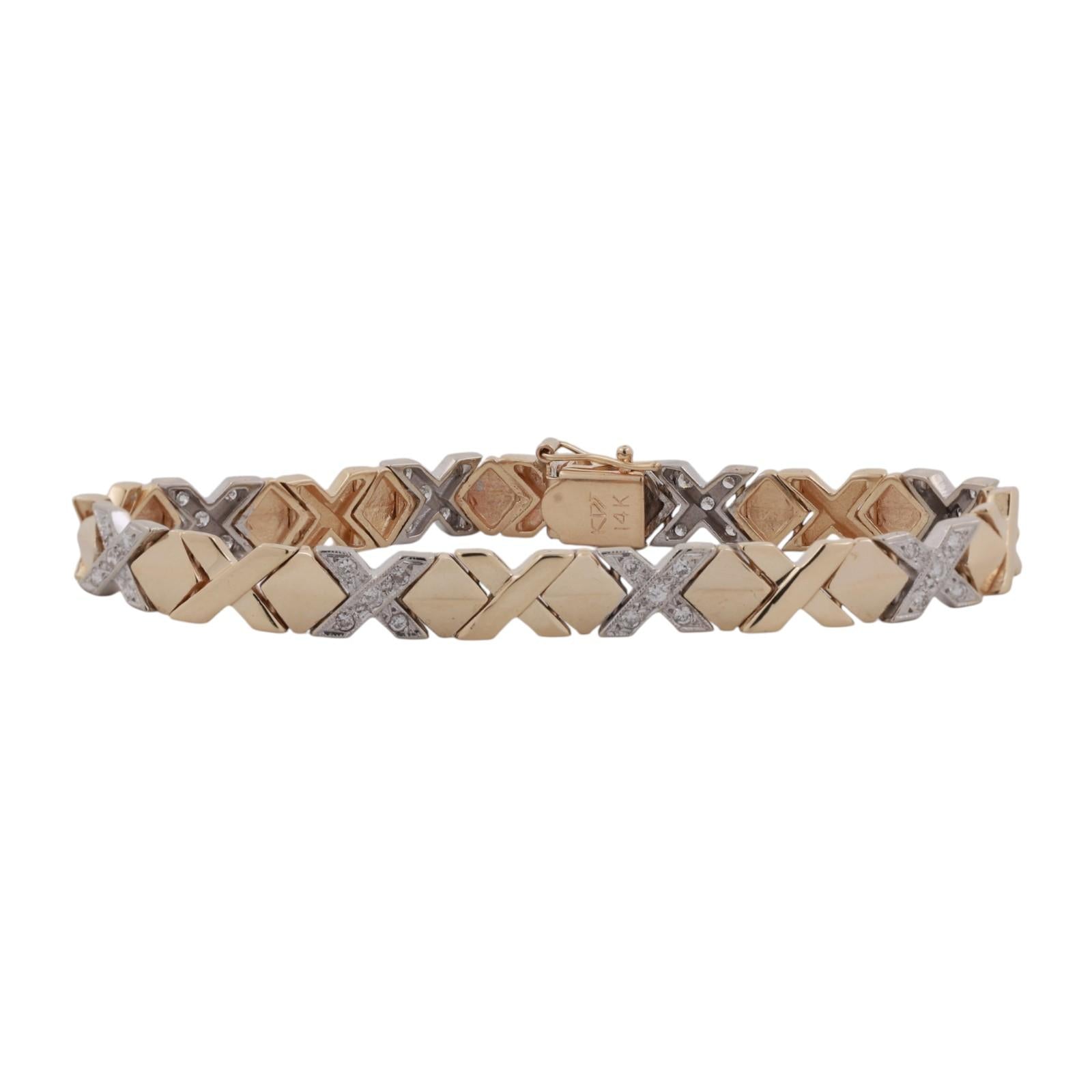 Two Tone Gold Diamond XO Link Tennis Bracelet 0.75CTW 7" Estate