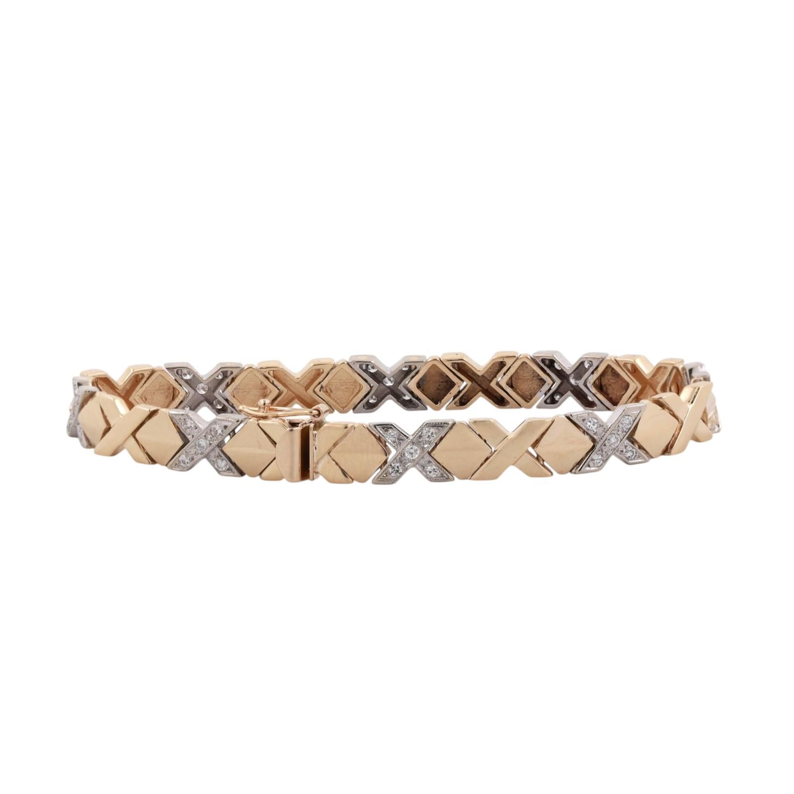 Two Tone Gold Diamond XO Link Tennis Bracelet 0.75CTW 7" Estate