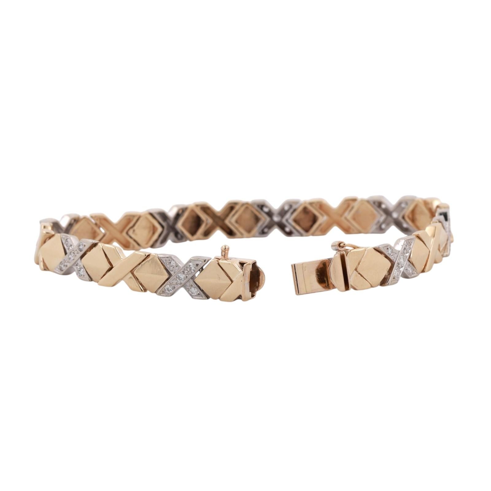Two Tone Gold Diamond XO Link Tennis Bracelet 0.75CTW 7" Estate