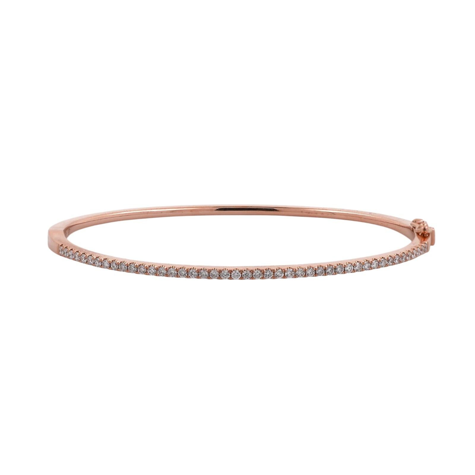18K Rose Gold 0.50ctw Diamond Slim Pave Tennis Hinged Bangle Bracelet 6"