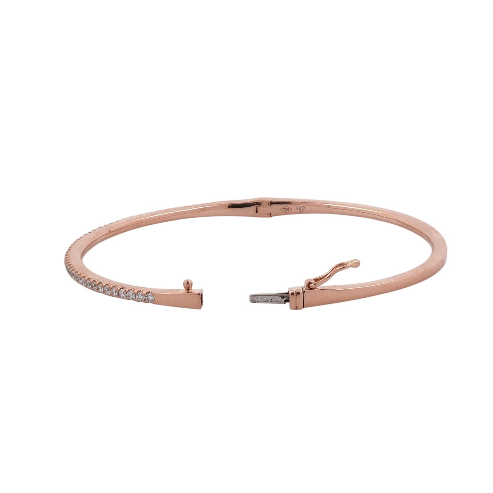 18K Rose Gold 0.50ctw Diamond Slim Pave Tennis Hinged Bangle Bracelet 6"