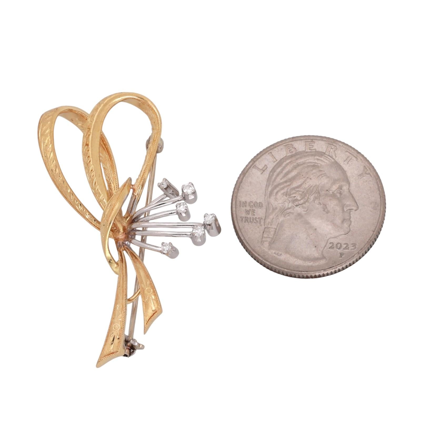 18K Yellow Gold Diamond Bow Brooch Pendant Italian Filigree Ribbon Pin 0.10CTW