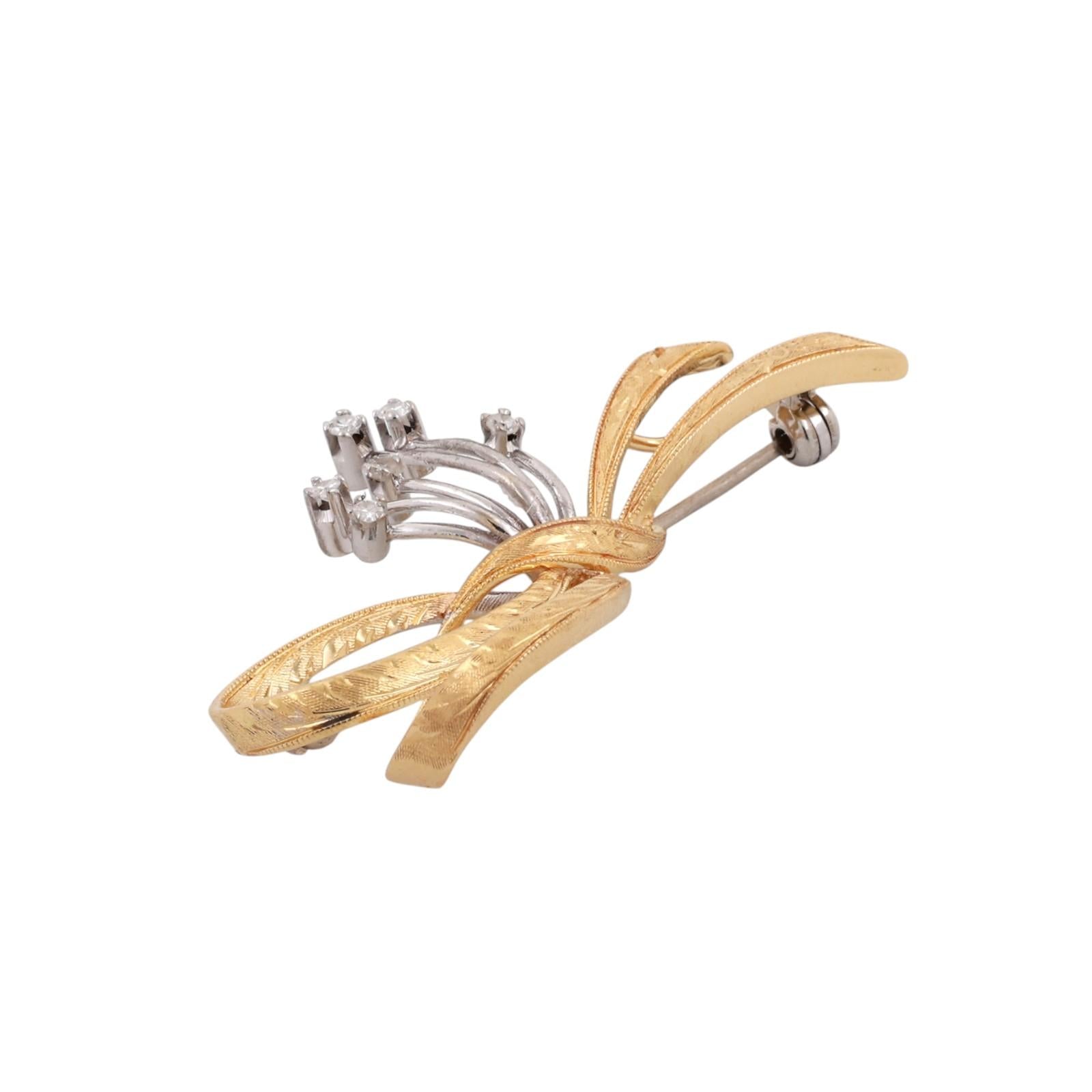 18K Yellow Gold Diamond Bow Brooch Pendant Italian Filigree Ribbon Pin 0.10CTW