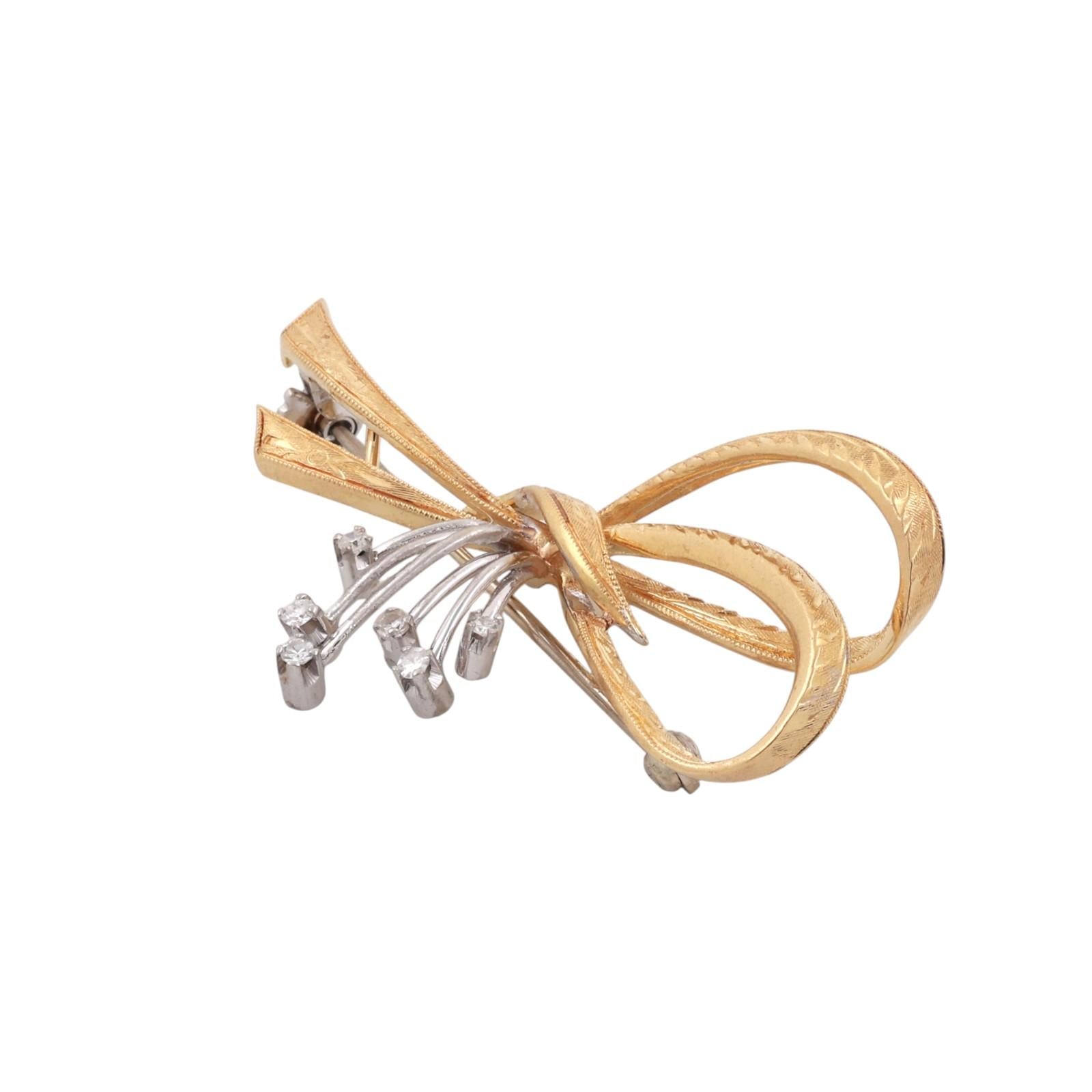 18K Yellow Gold Diamond Bow Brooch Pendant Italian Filigree Ribbon Pin 0.10CTW